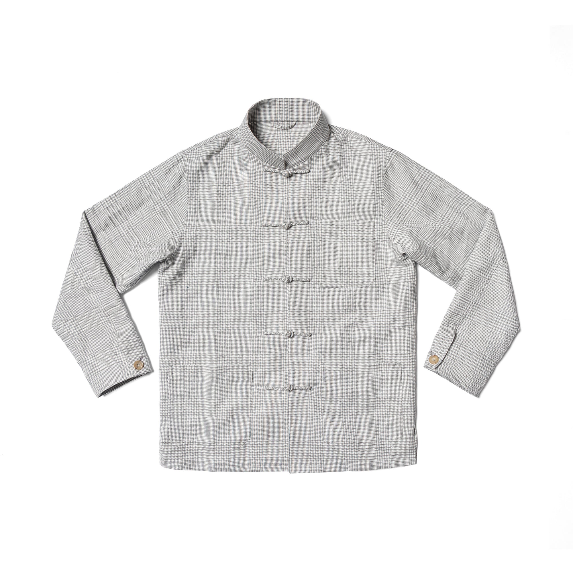 Grey Glen Check Silk Linen Cotton Mandarin Jacket