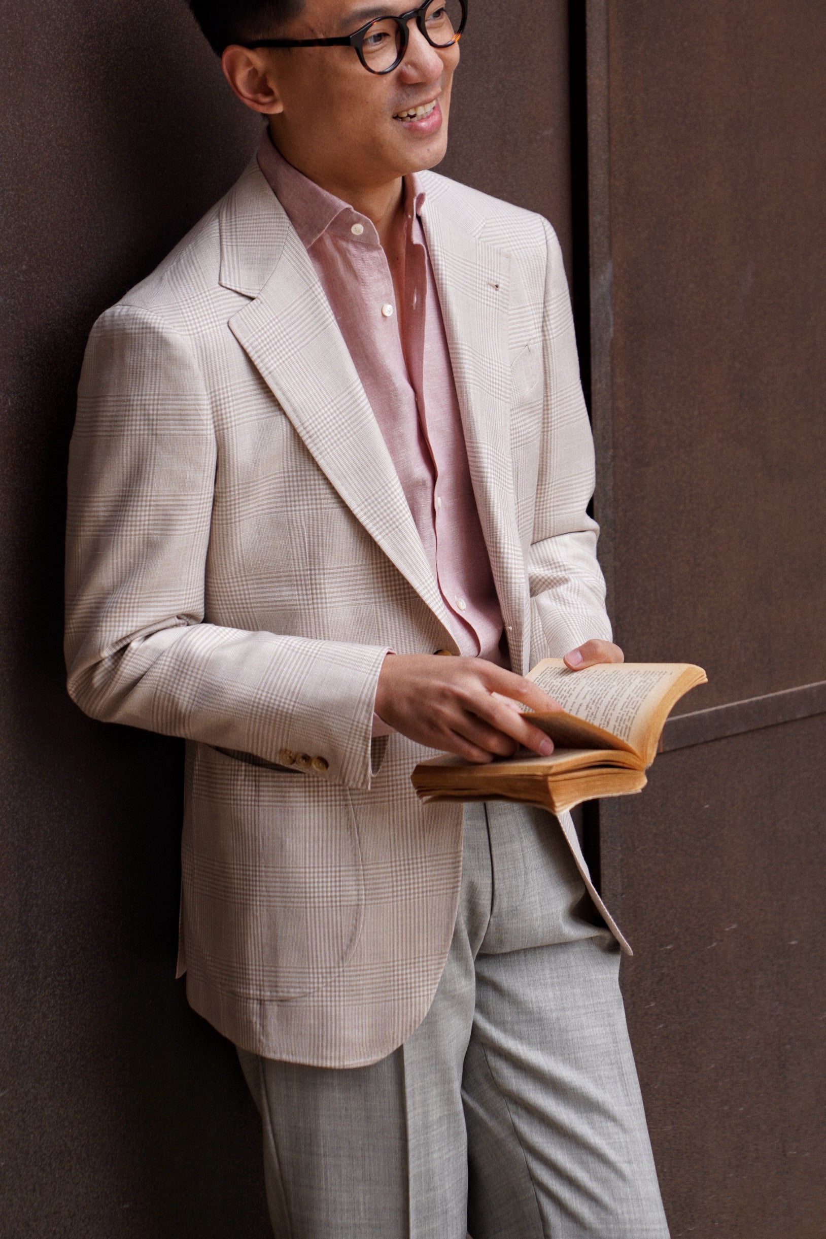 MTO Cream Glen Check Silk Linen Wool Jacket #764