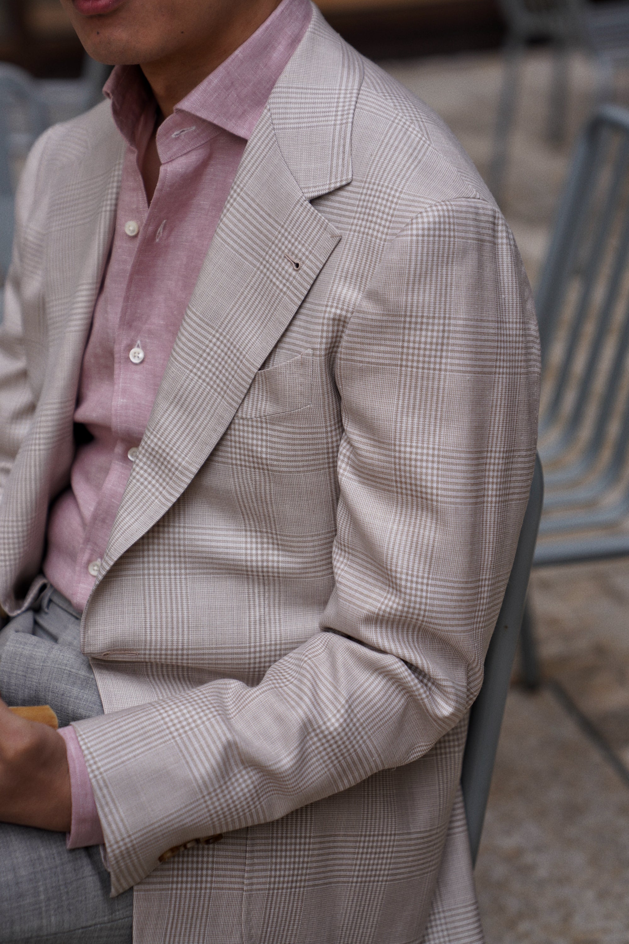 MTO Cream Glen Check Silk Linen Wool Jacket #764