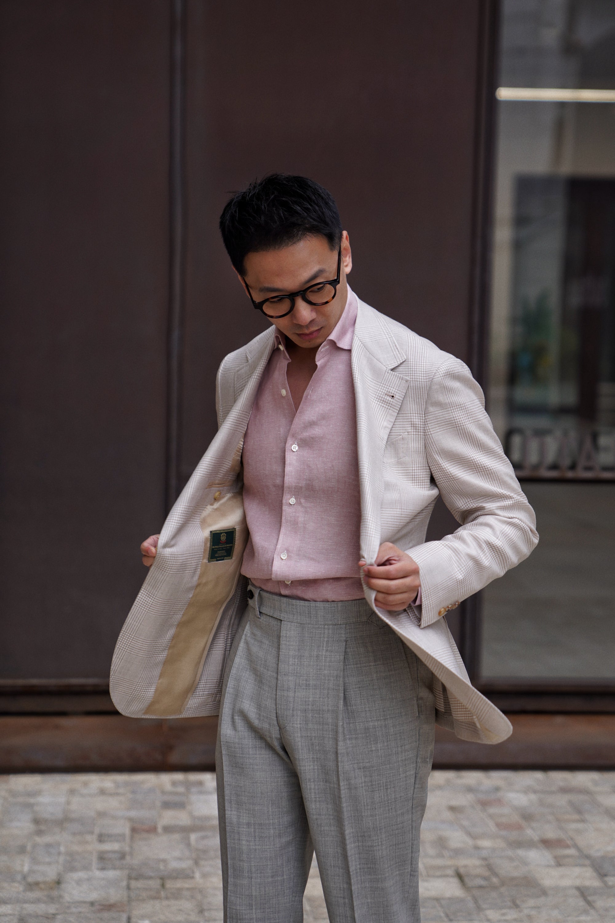 MTO Cream Glen Check Silk Linen Wool Jacket #764
