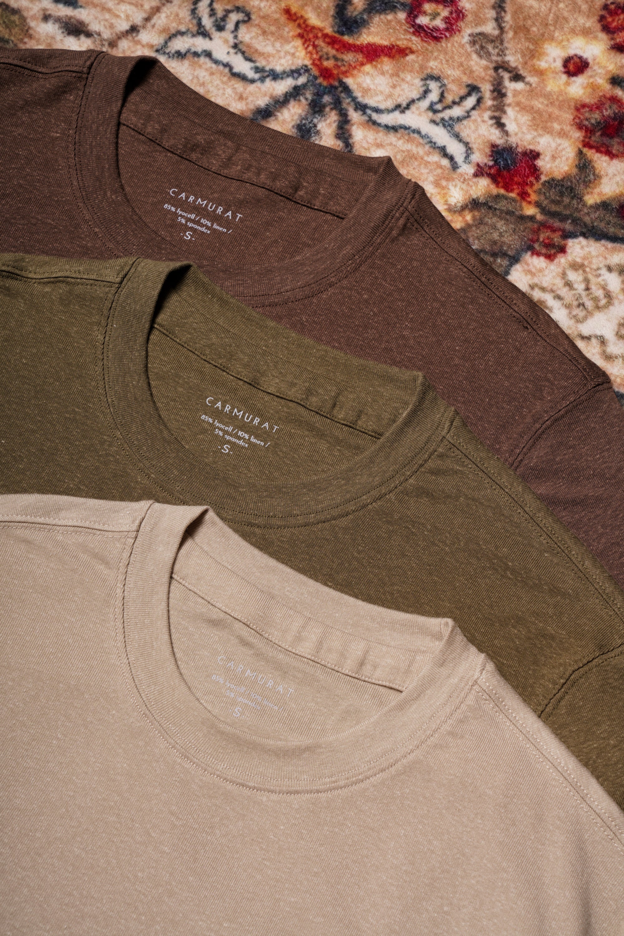 Moss/Brown/Light Khaki Linen Blending Short Sleeve T Shirt