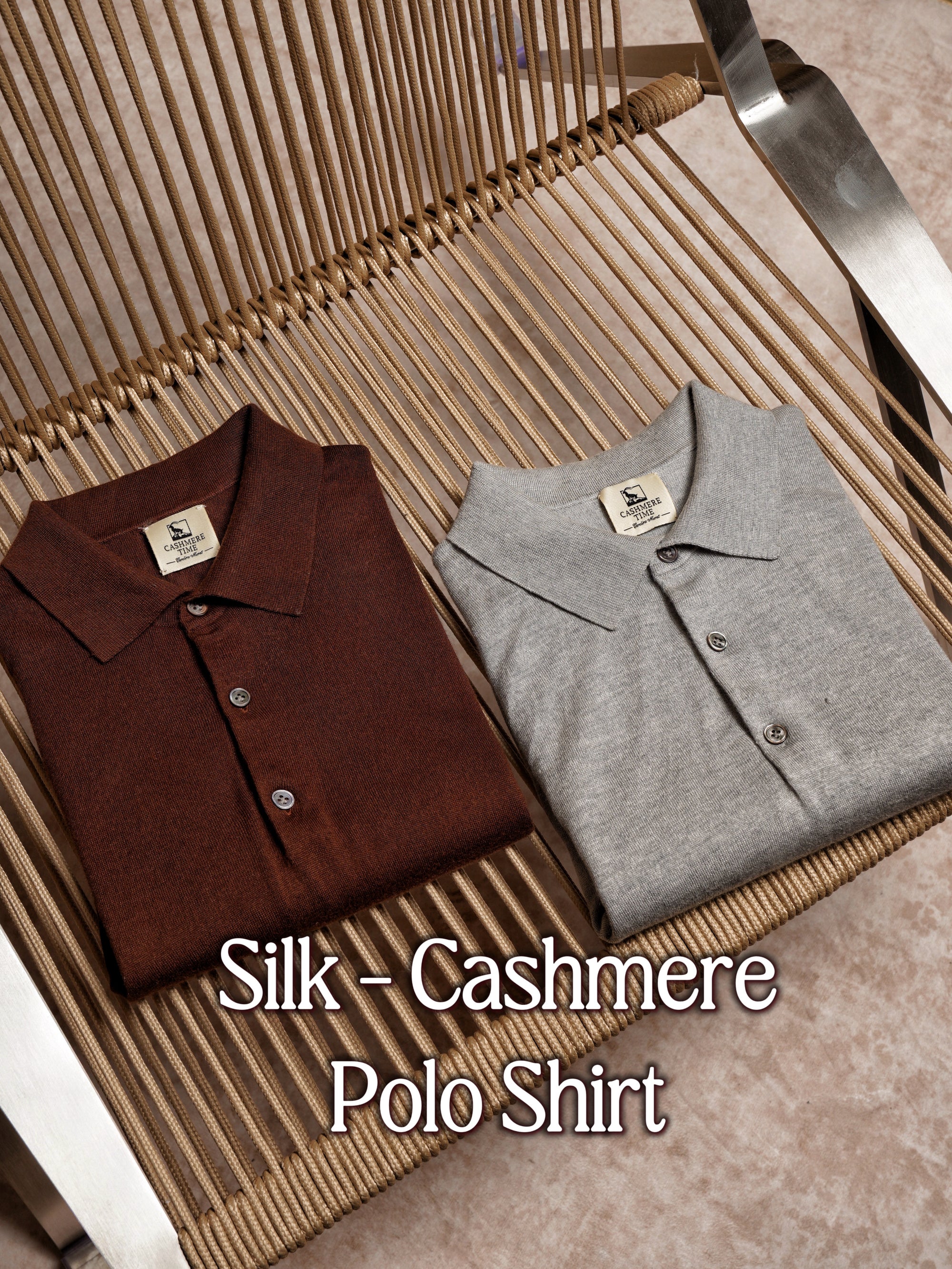 Grey / Rust Silk Cashmere Knitted Polo
