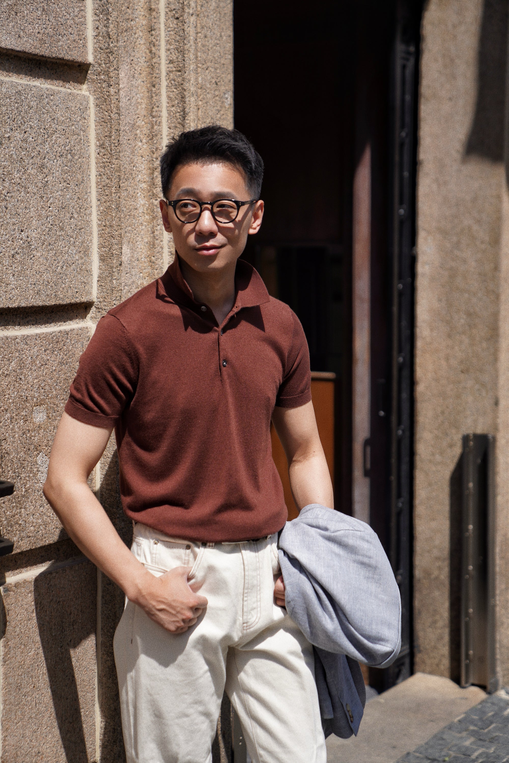 Grey / Rust Silk Cashmere Knitted Polo