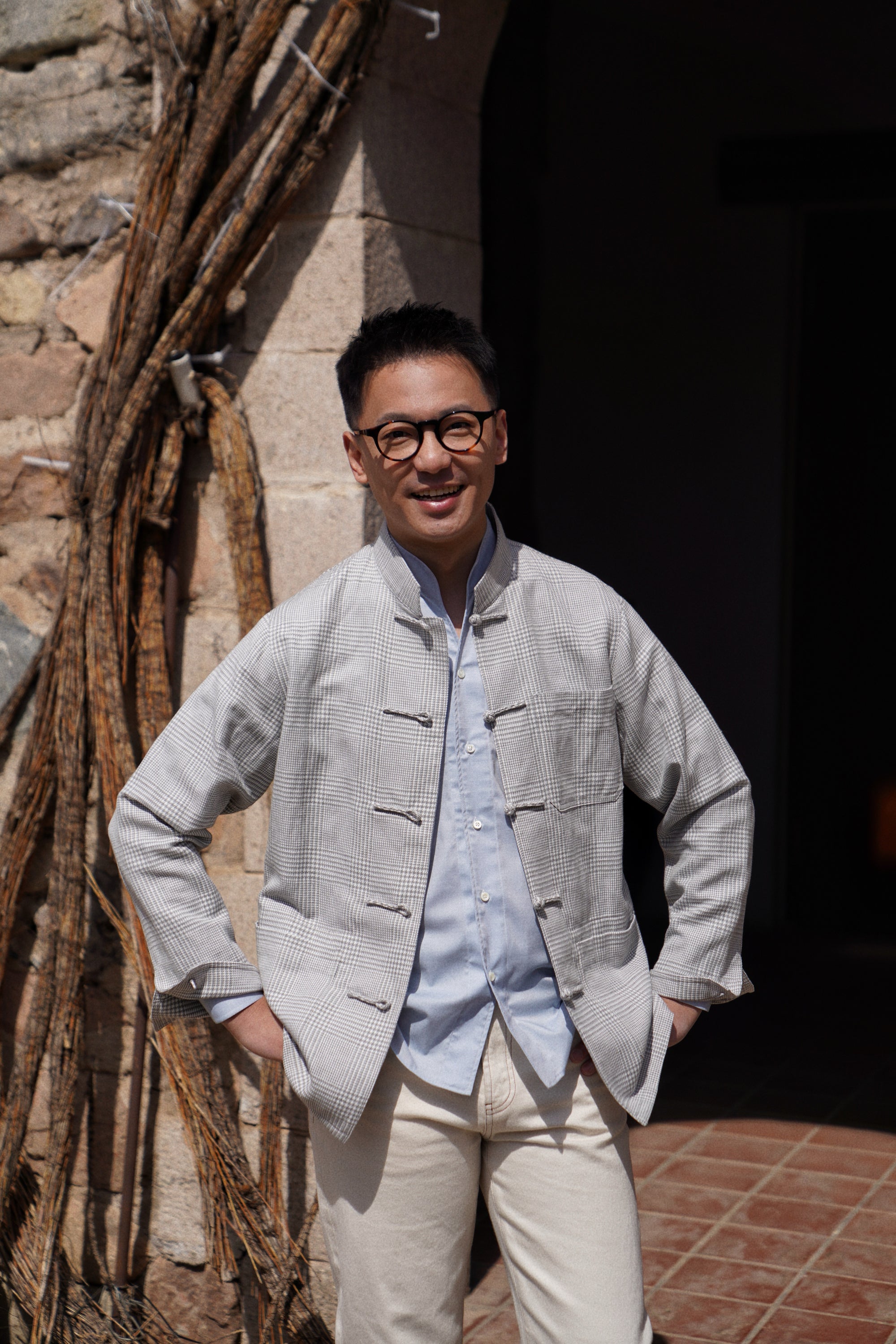 Grey Glen Check Silk Linen Cotton Mandarin Jacket