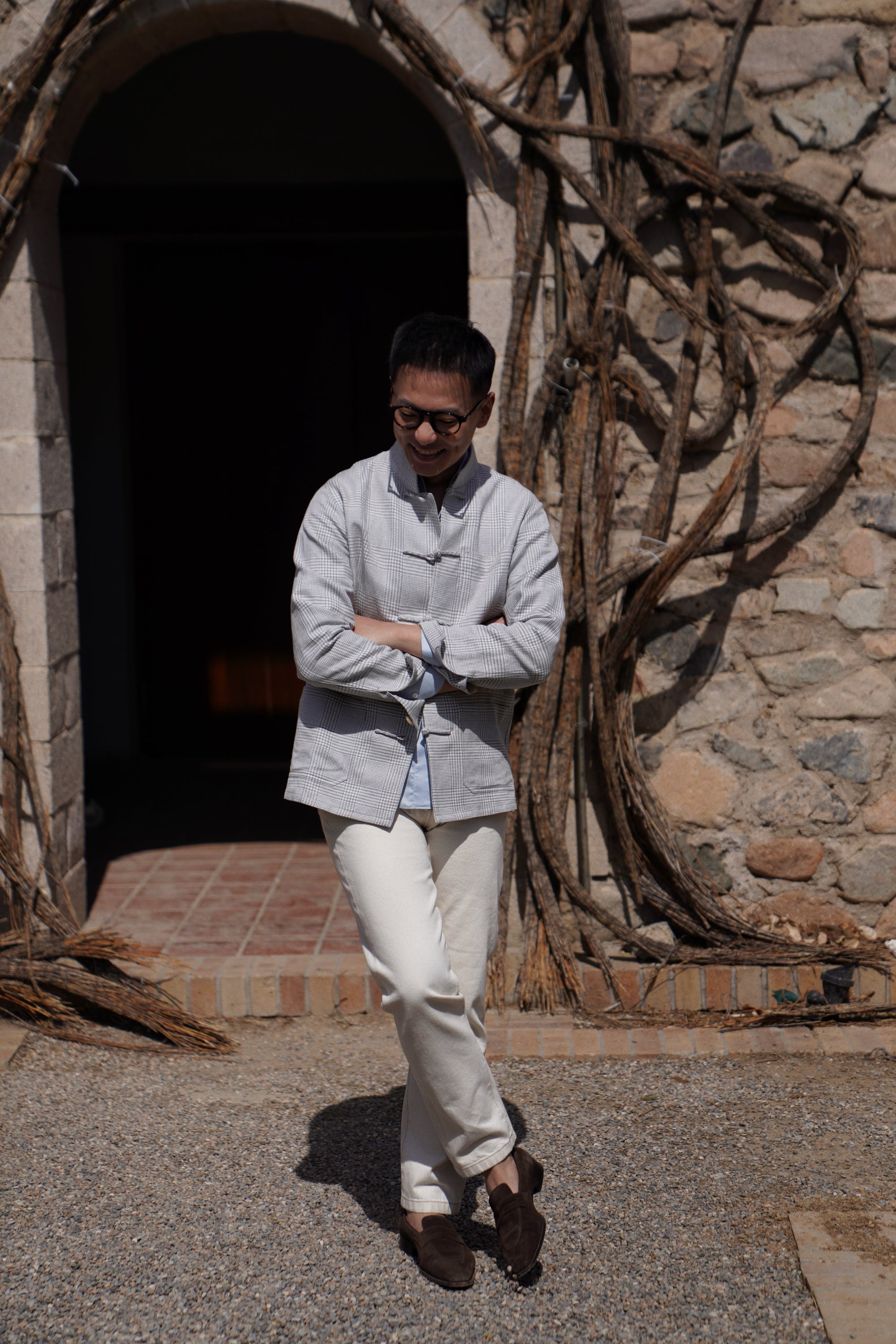 Grey Glen Check Silk Linen Cotton Mandarin Jacket