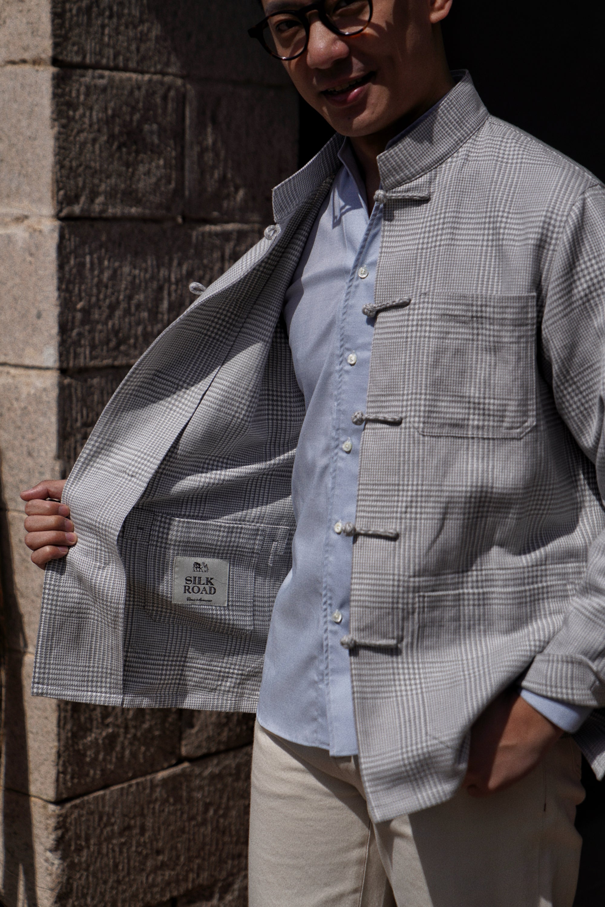 Grey Glen Check Silk Linen Cotton Mandarin Jacket