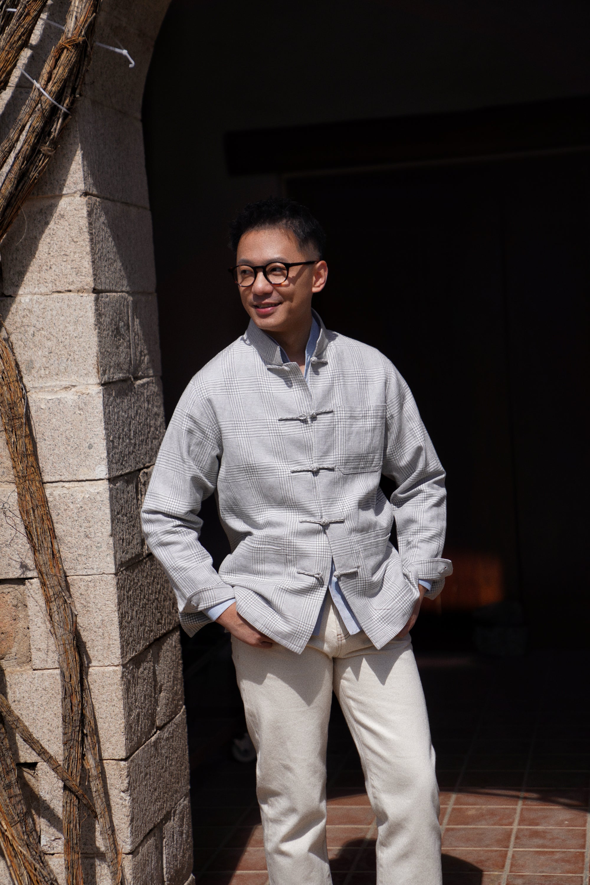 Grey Glen Check Silk Linen Cotton Mandarin Jacket