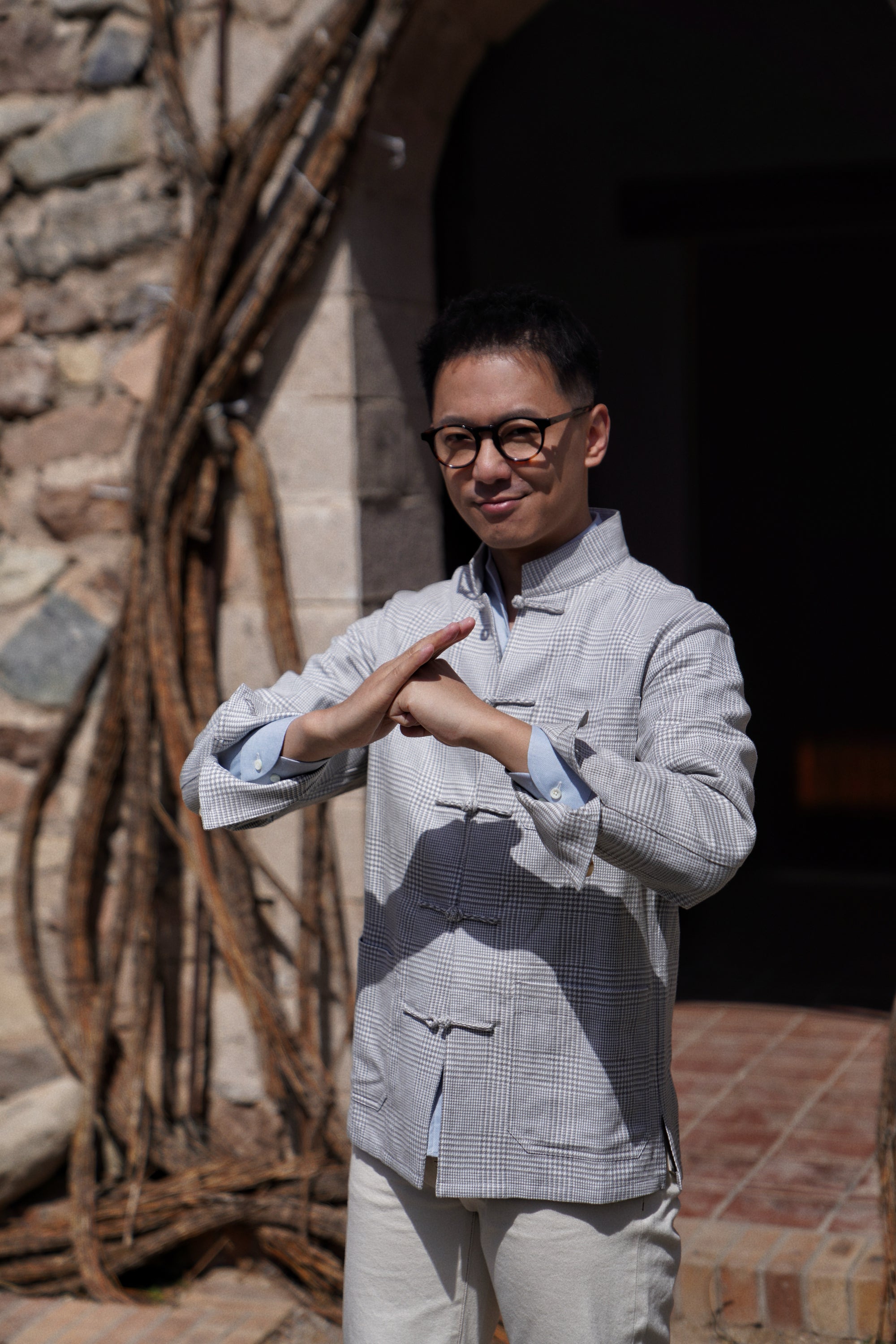 Grey Glen Check Silk Linen Cotton Mandarin Jacket