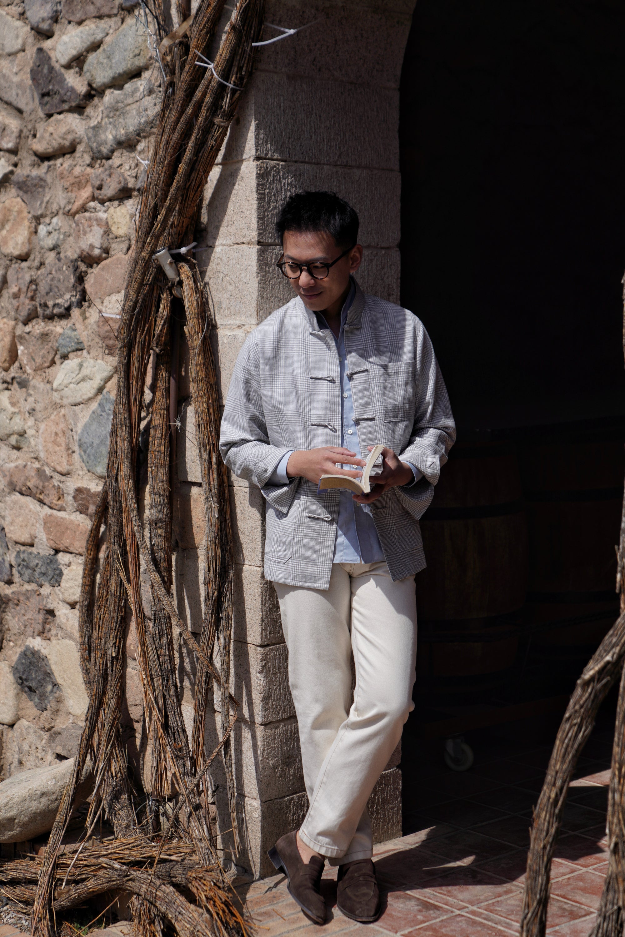 Grey Glen Check Silk Linen Cotton Mandarin Jacket