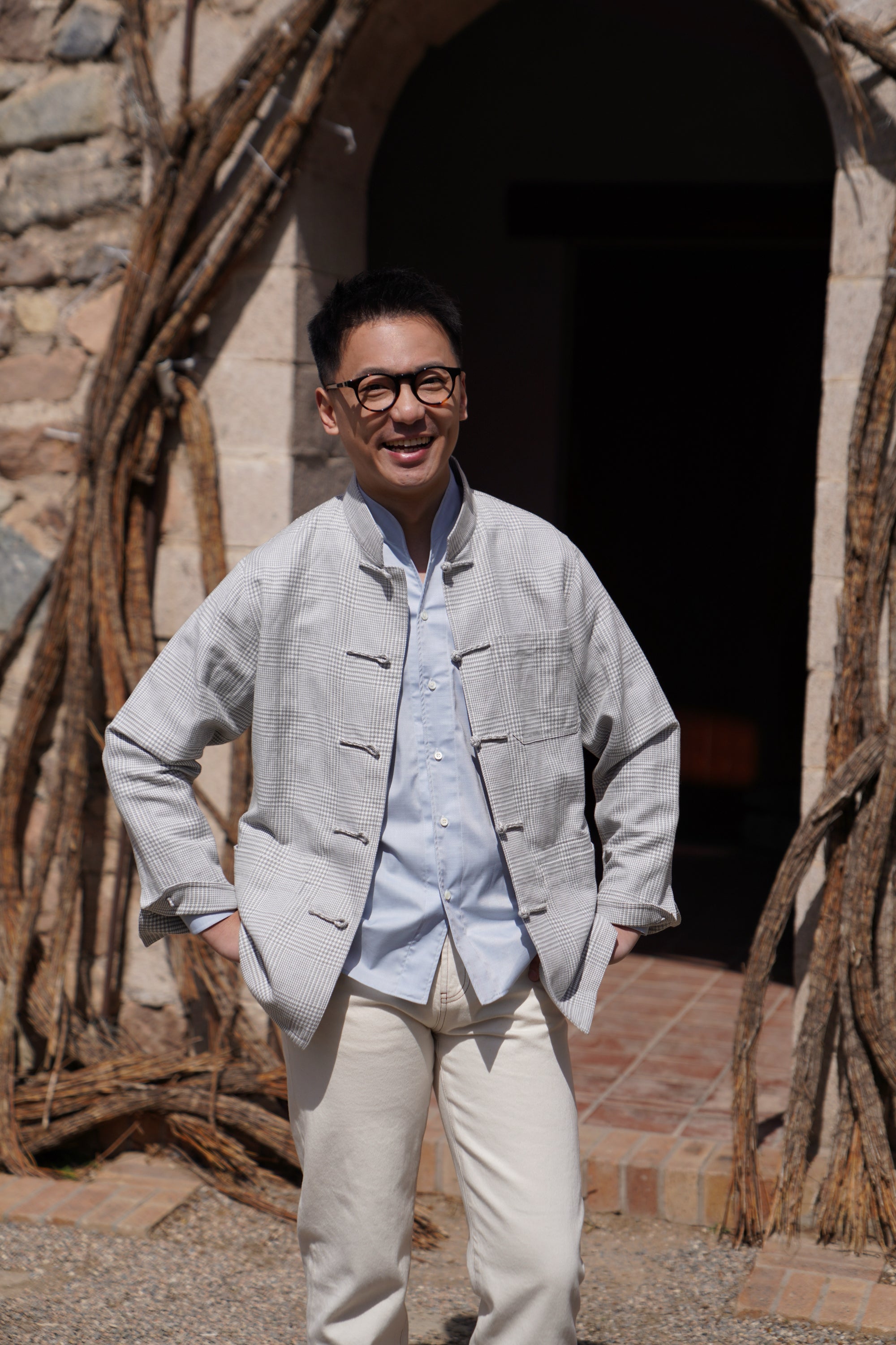 Grey Glen Check Silk Linen Cotton Mandarin Jacket