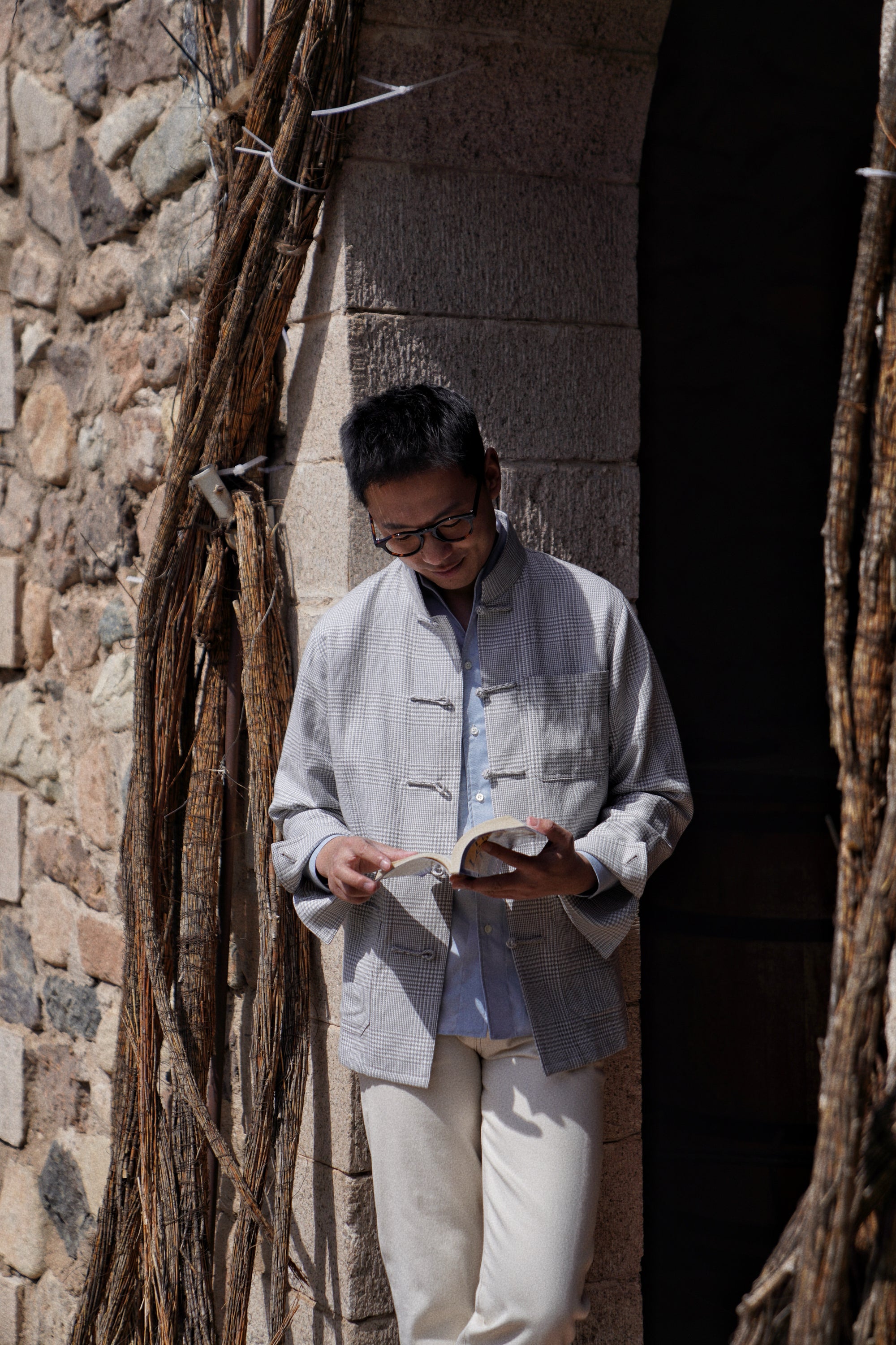 Grey Glen Check Silk Linen Cotton Mandarin Jacket