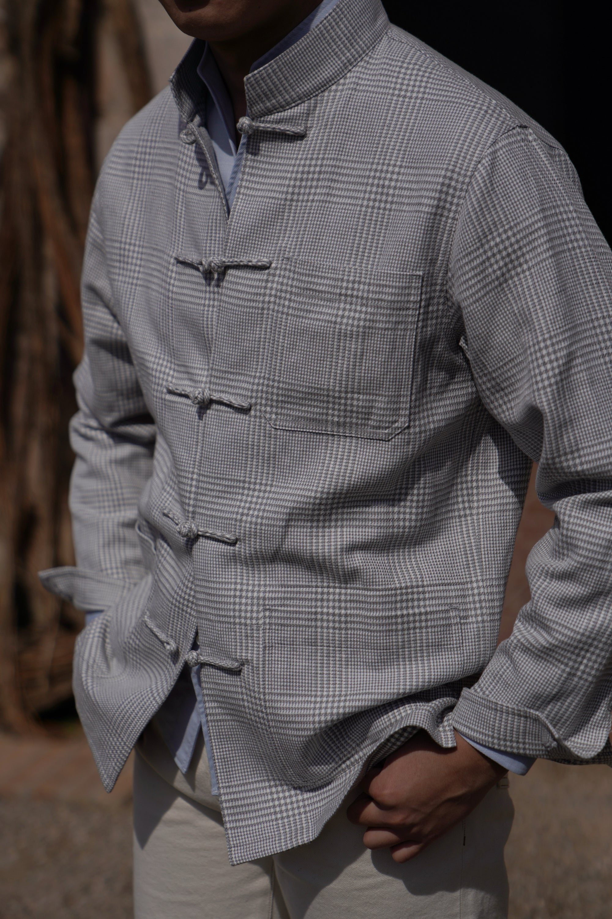 Grey Glen Check Silk Linen Cotton Mandarin Jacket