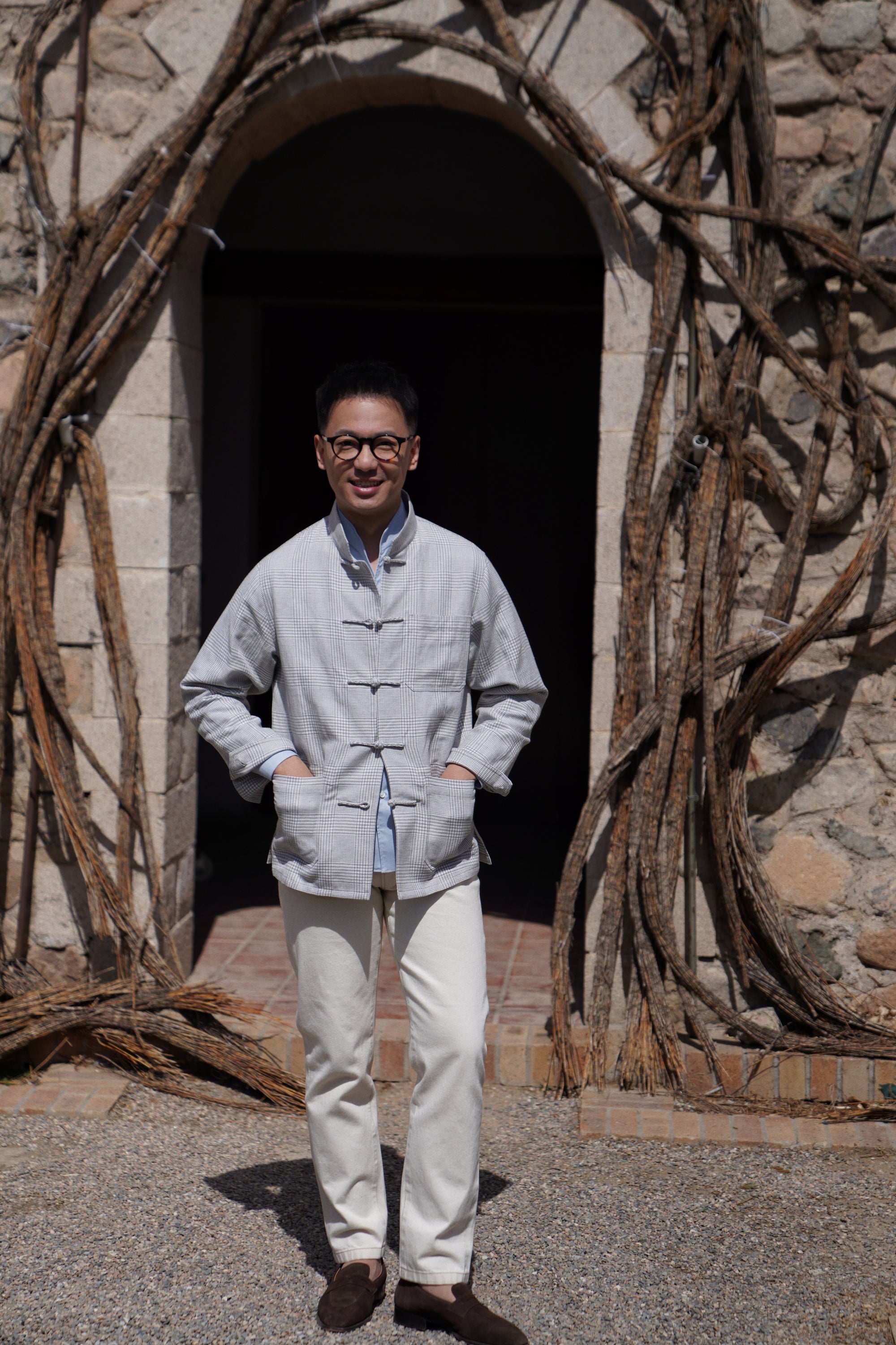 Grey Glen Check Silk Linen Cotton Mandarin Jacket
