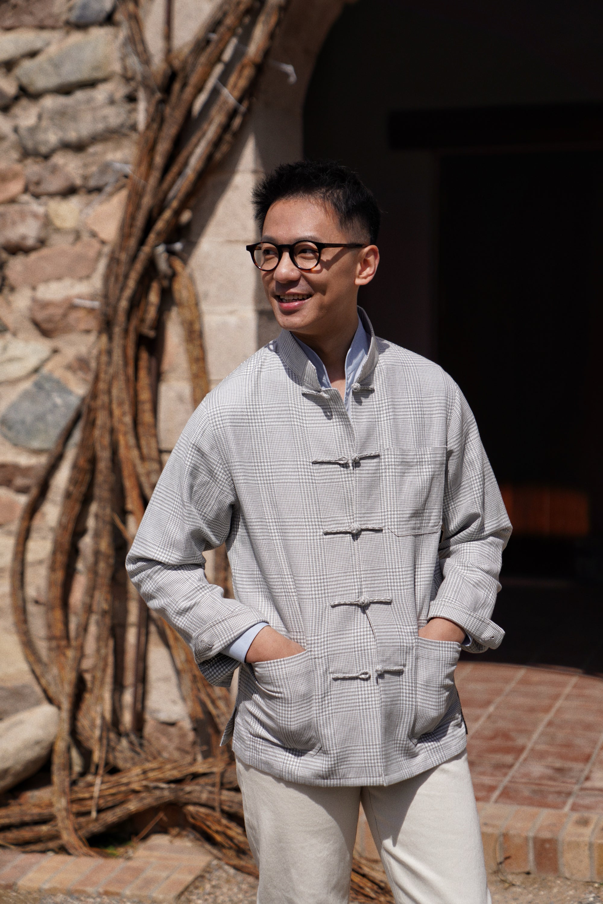 Grey Glen Check Silk Linen Cotton Mandarin Jacket