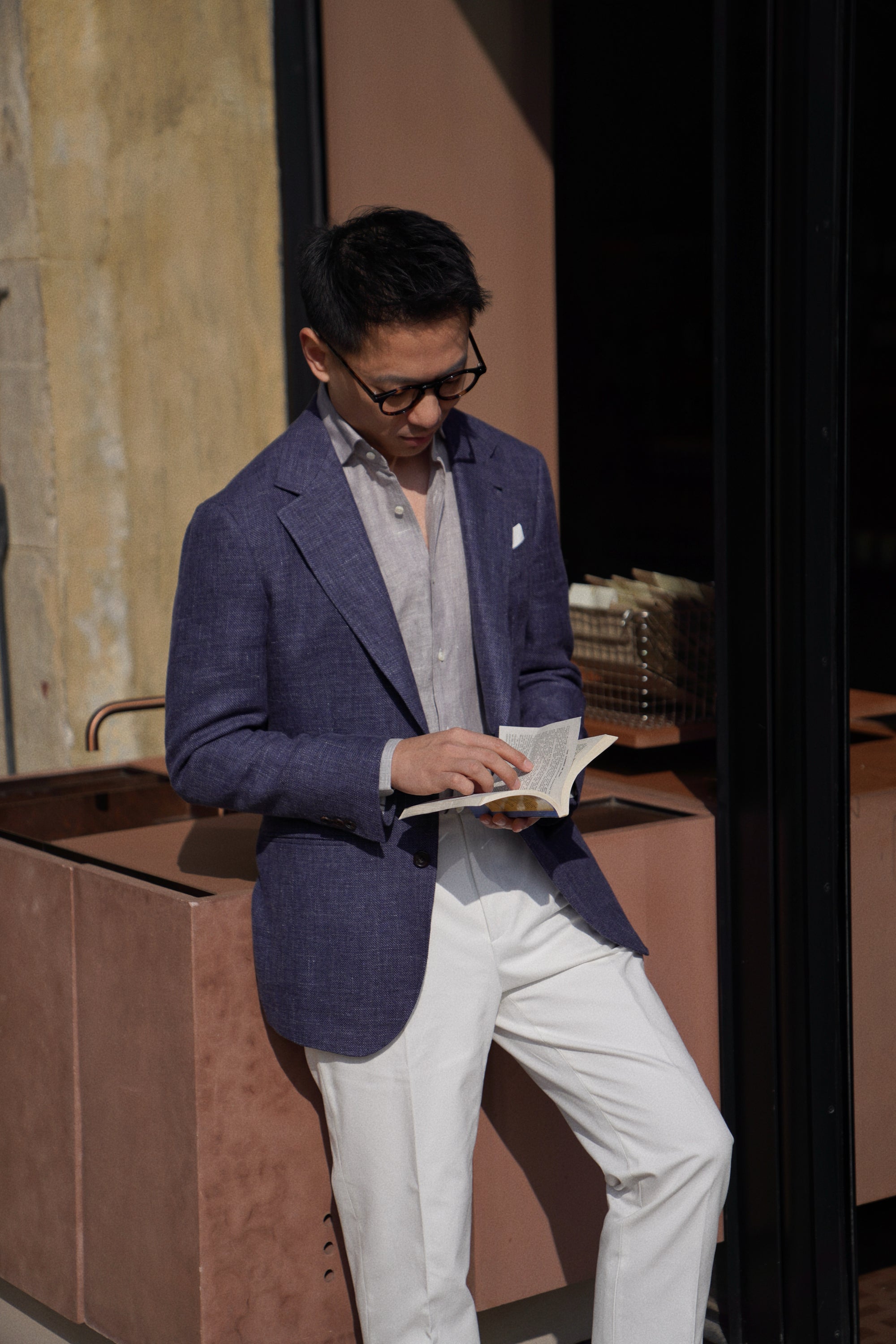 MTO Lake Navy Herringbone Wool Silk Jacket #756