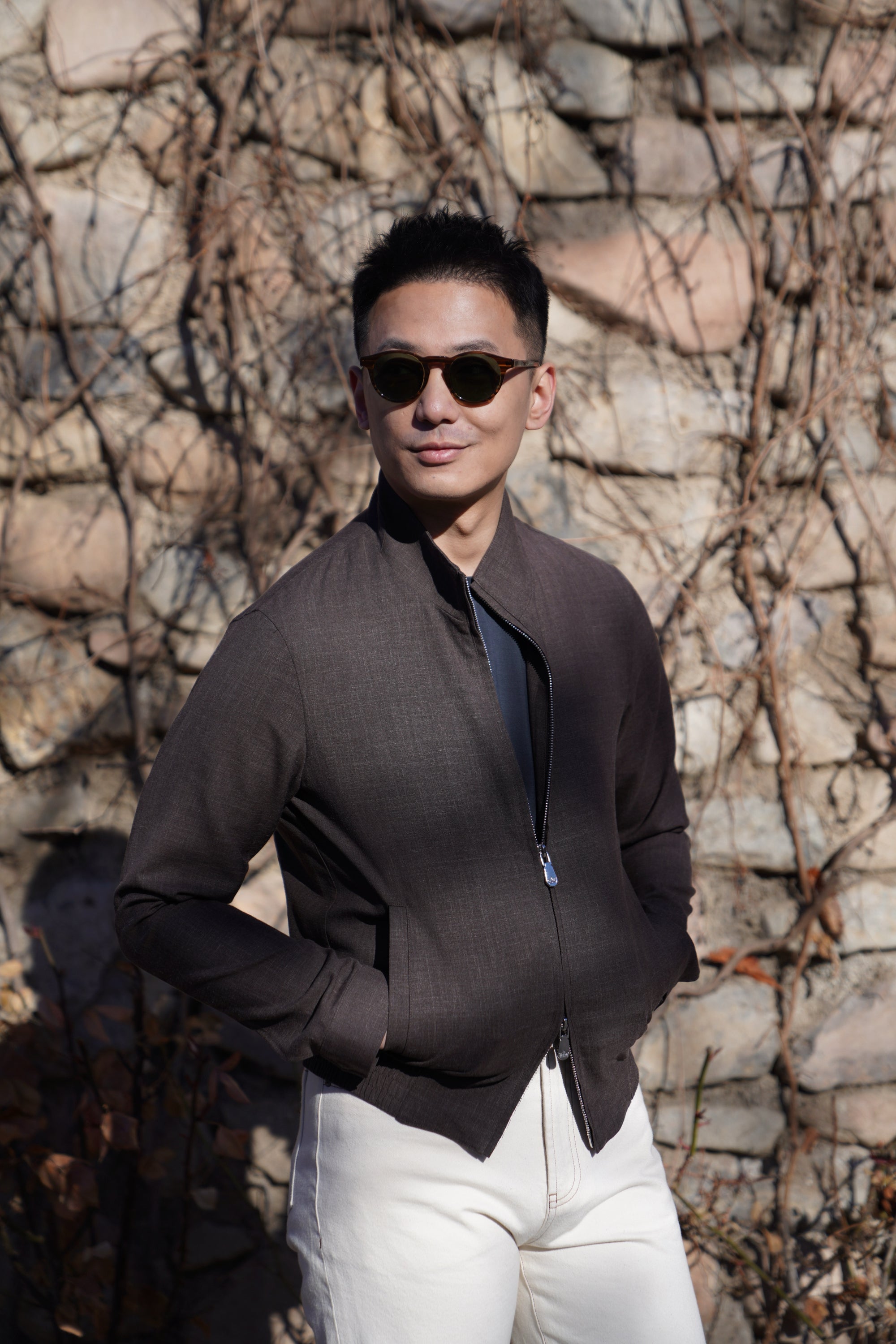 Chocolate Silk Linen Wool Bomber Jacket #262