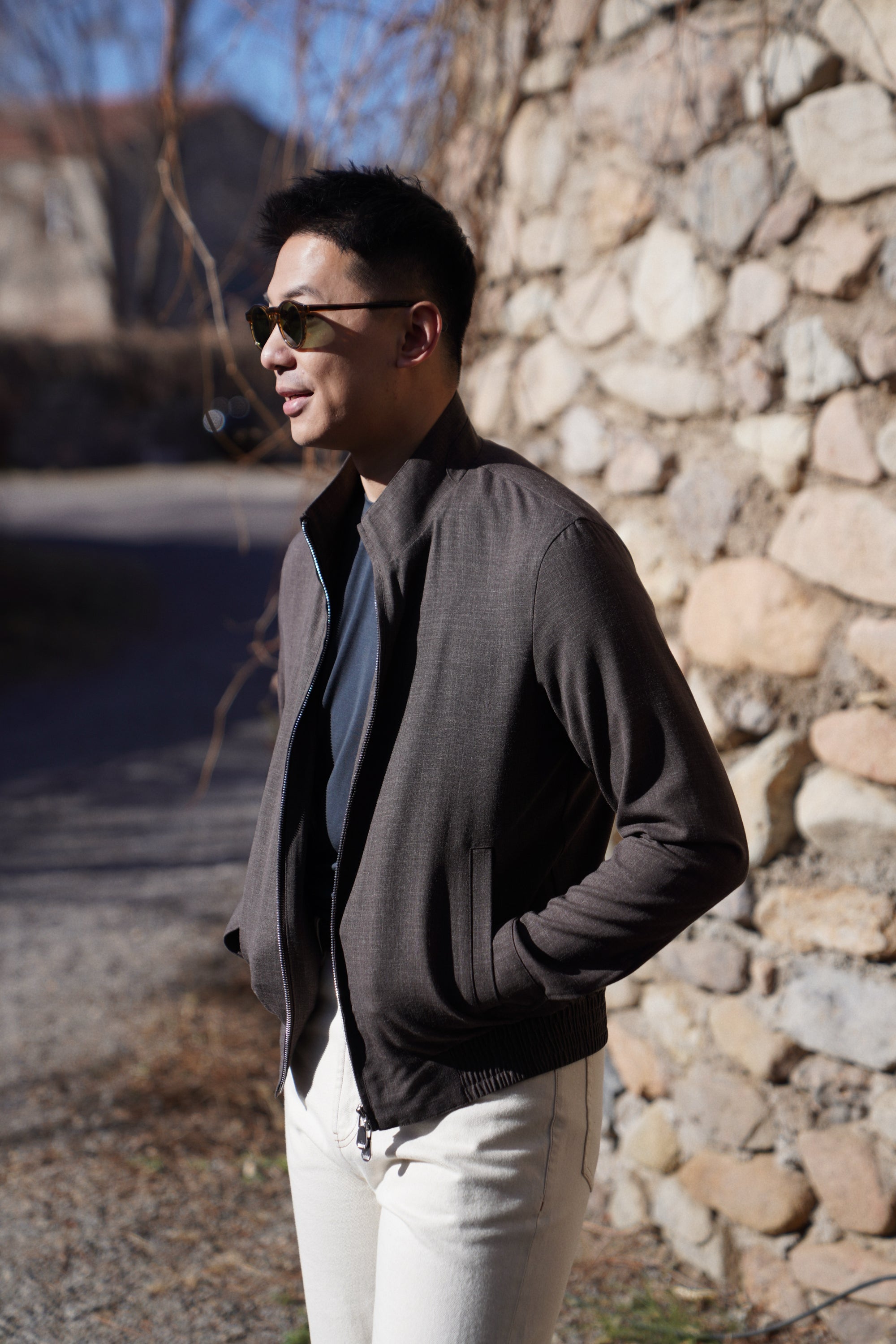 Chocolate Silk Linen Wool Bomber Jacket #262