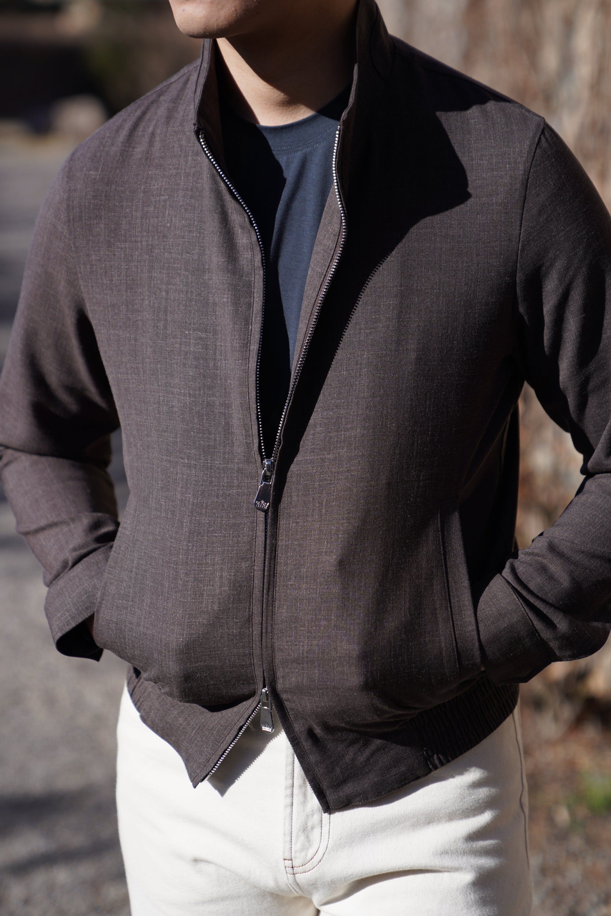 Chocolate Silk Linen Wool Bomber Jacket #262