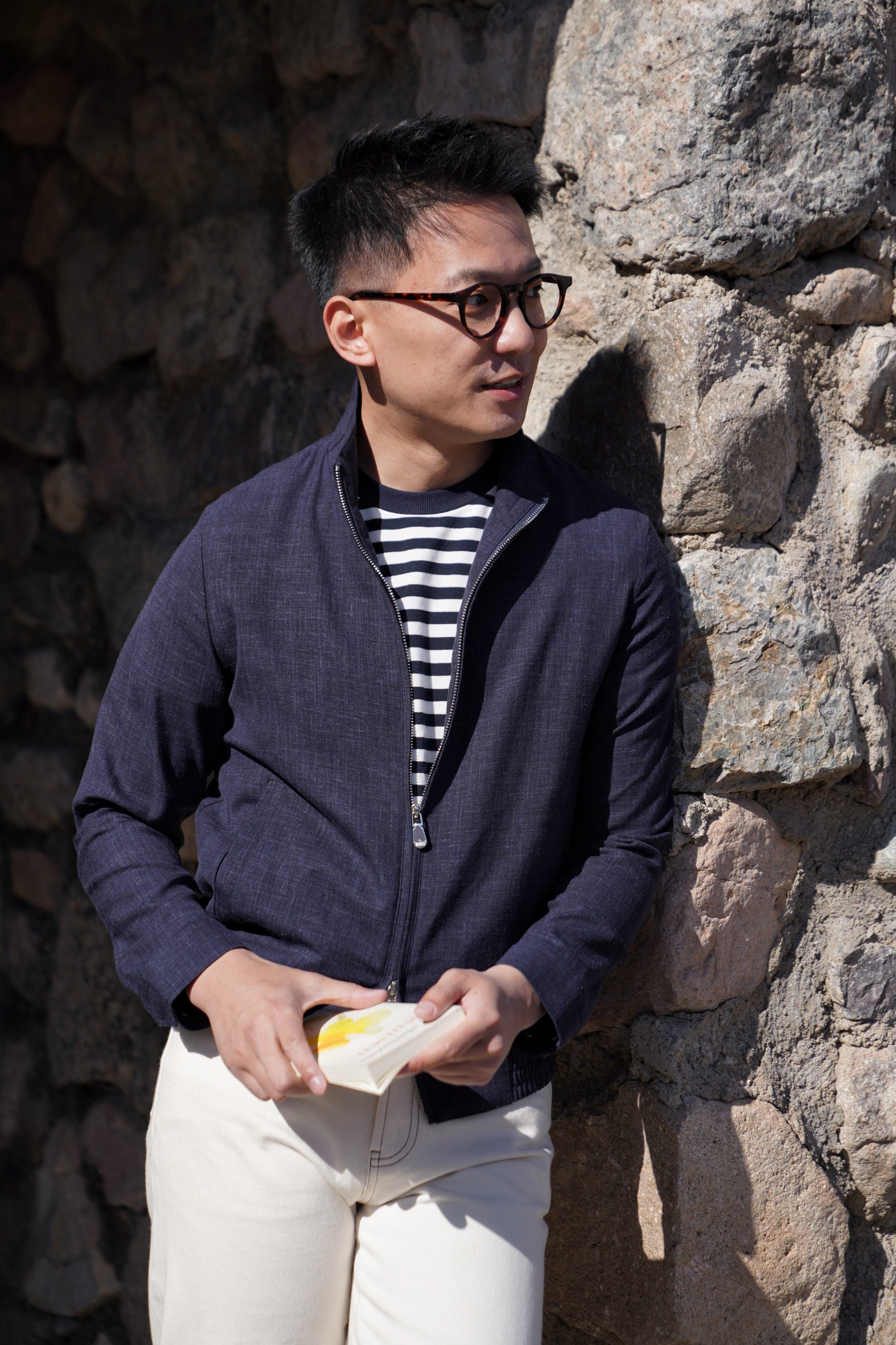 Navy Silk Linen Wool Bomber Jacket #263