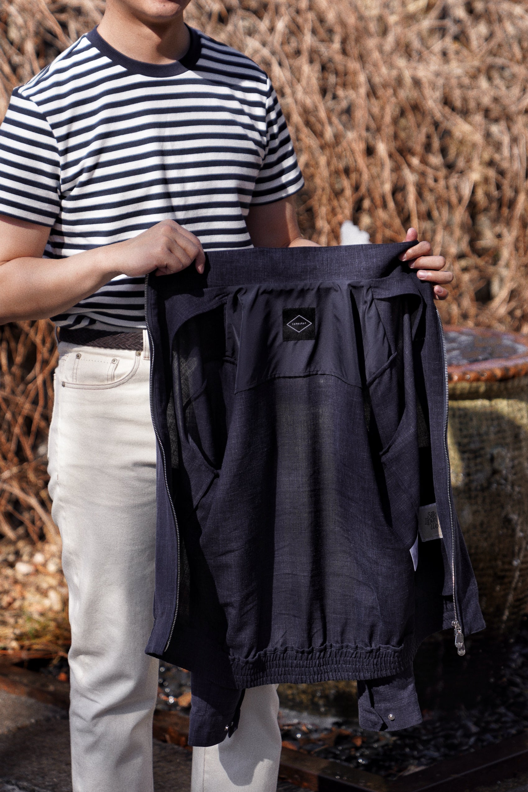 Navy Silk Linen Wool Bomber Jacket #263