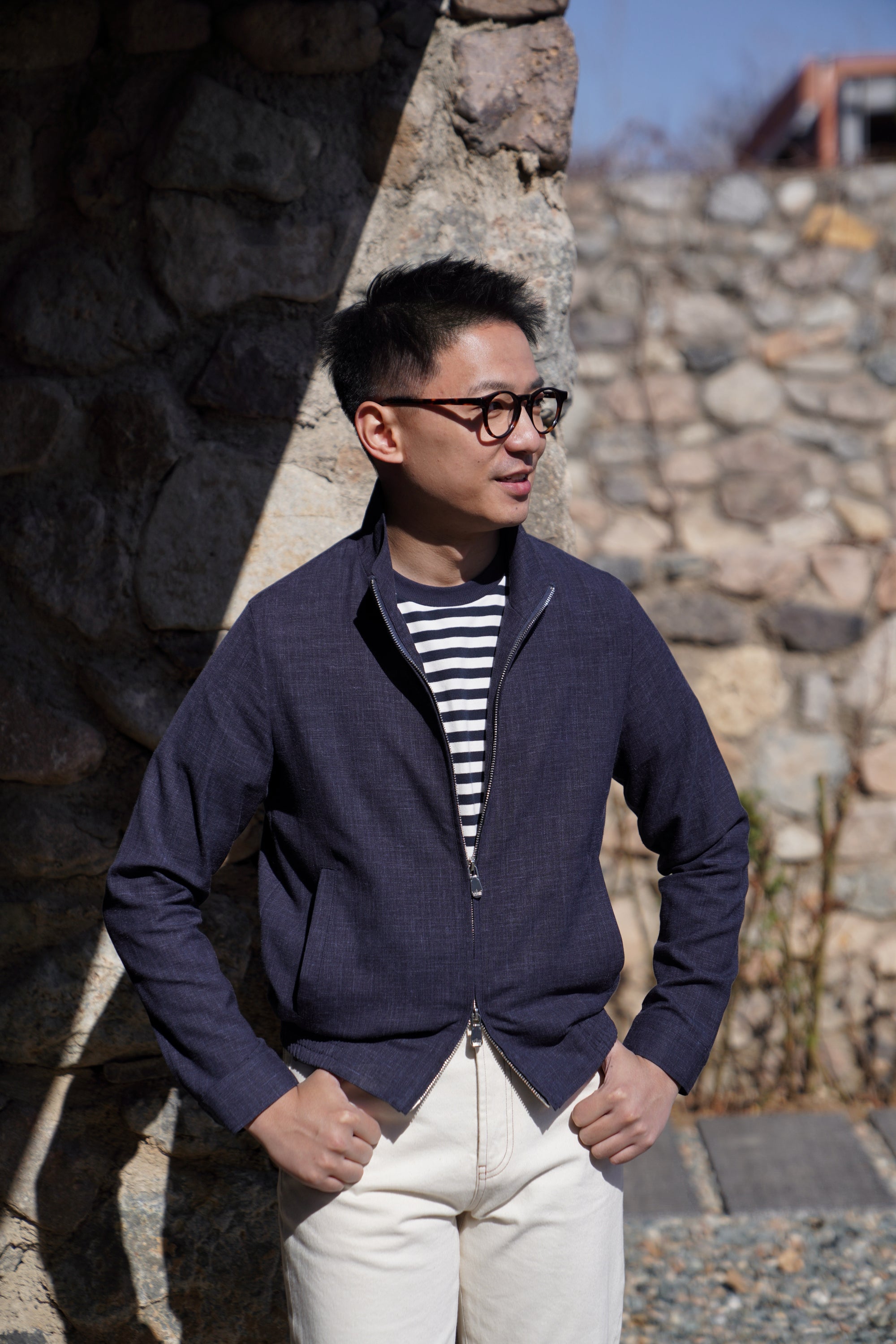 Navy Silk Linen Wool Bomber Jacket #263
