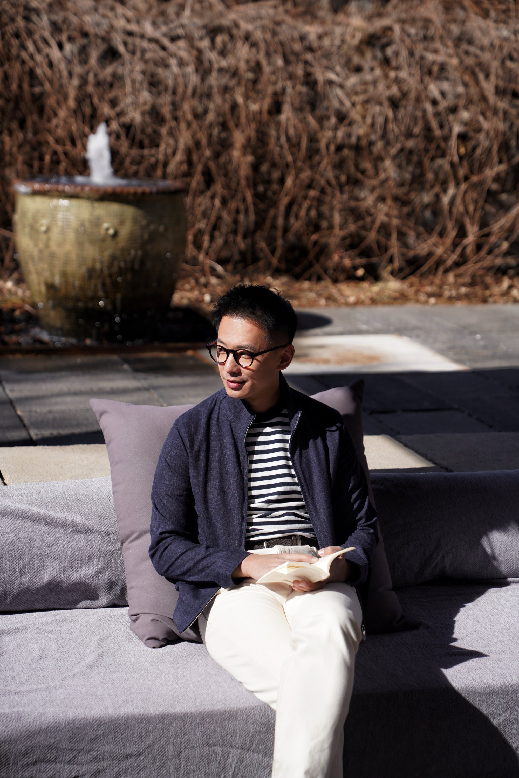 Navy Silk Linen Wool Bomber Jacket #263