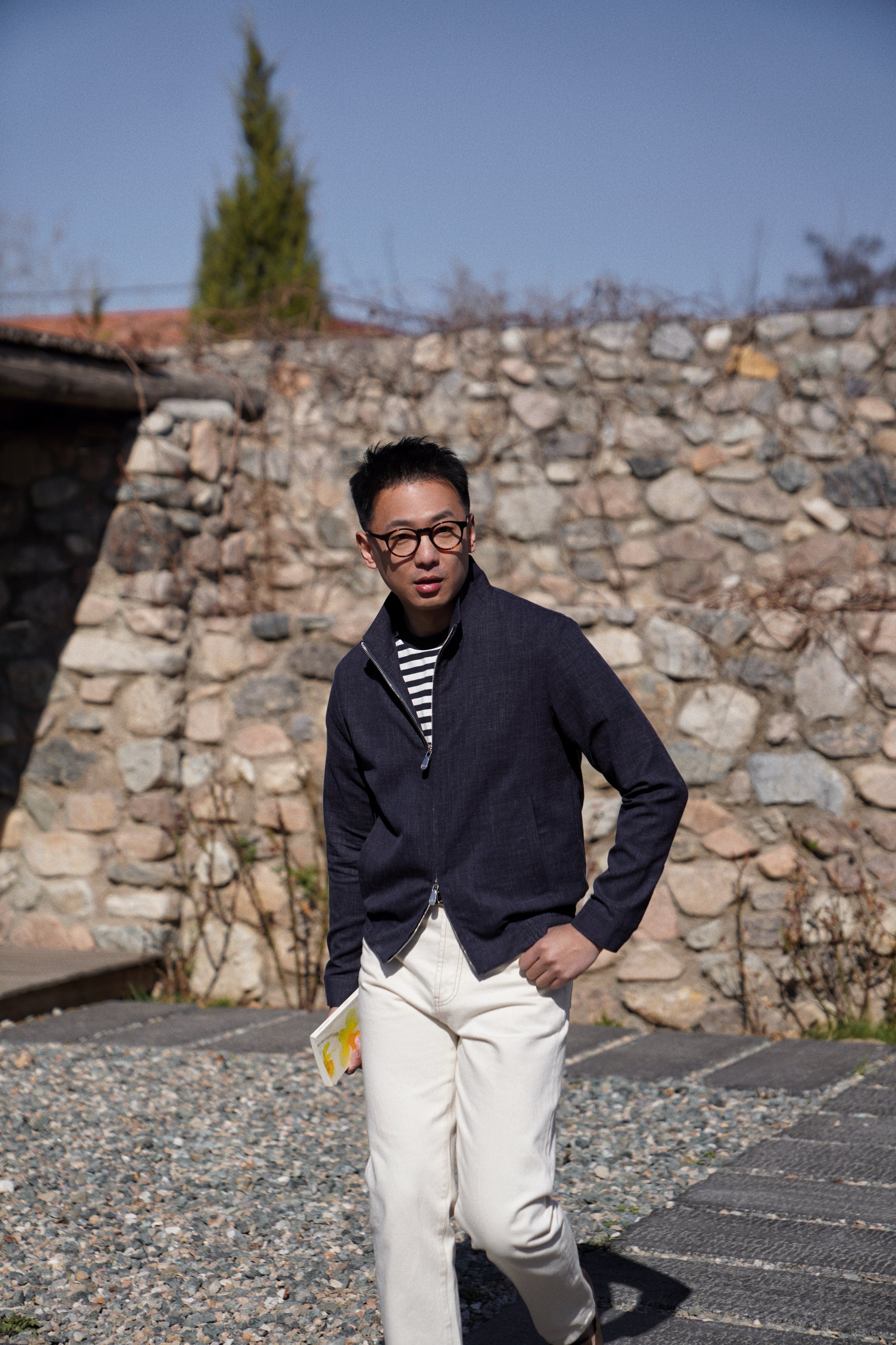 Navy Silk Linen Wool Bomber Jacket #263