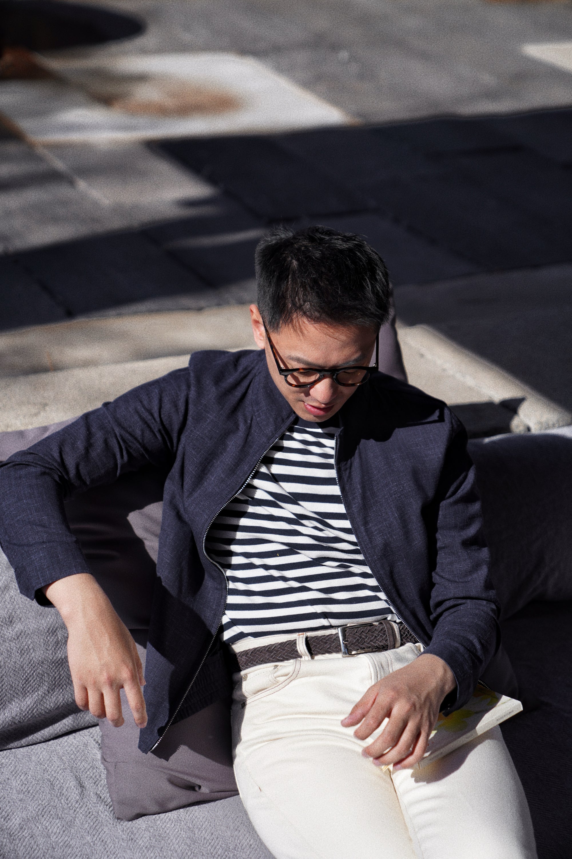 Navy Silk Linen Wool Bomber Jacket #263