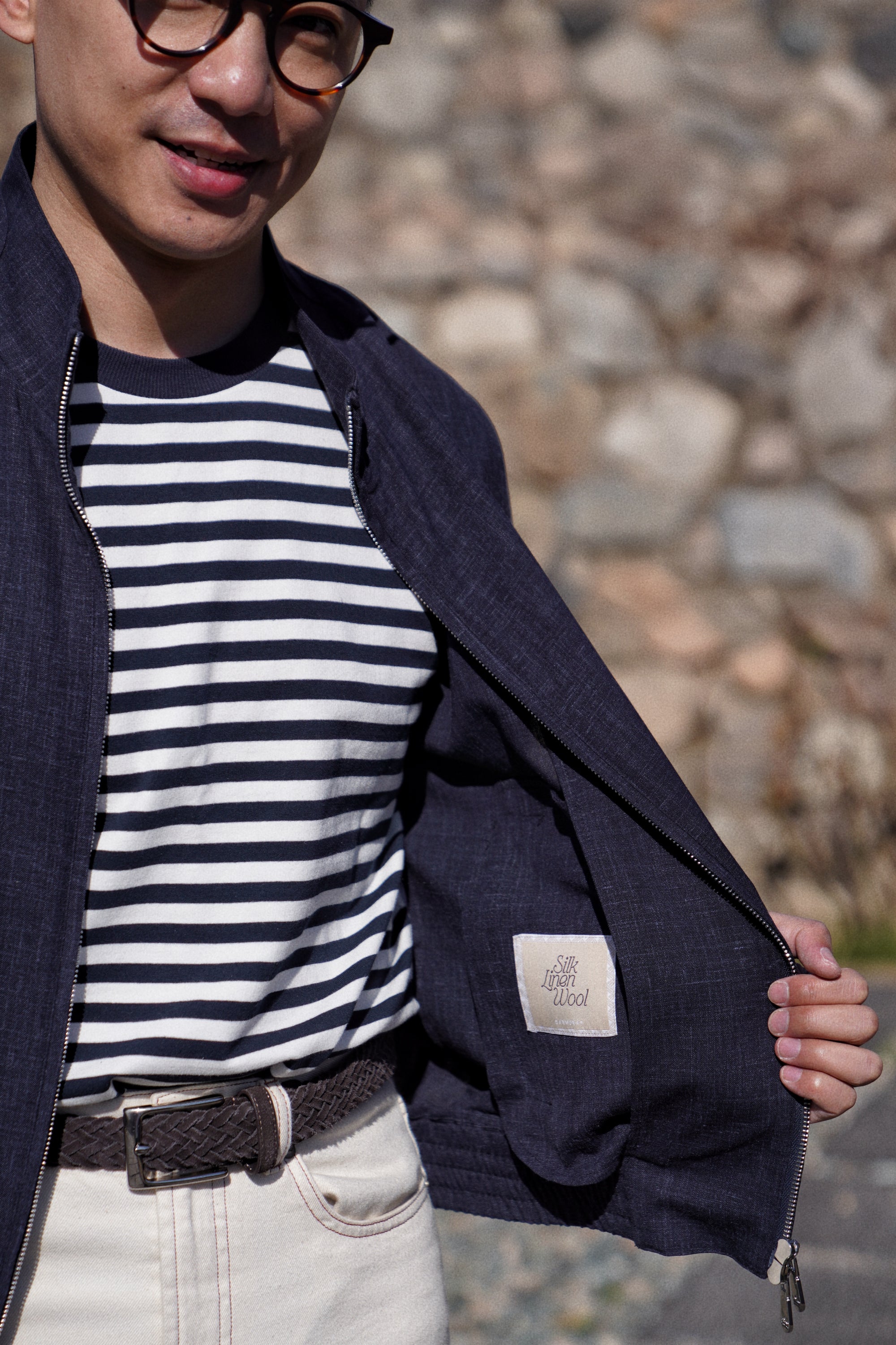 Navy Silk Linen Wool Bomber Jacket #263