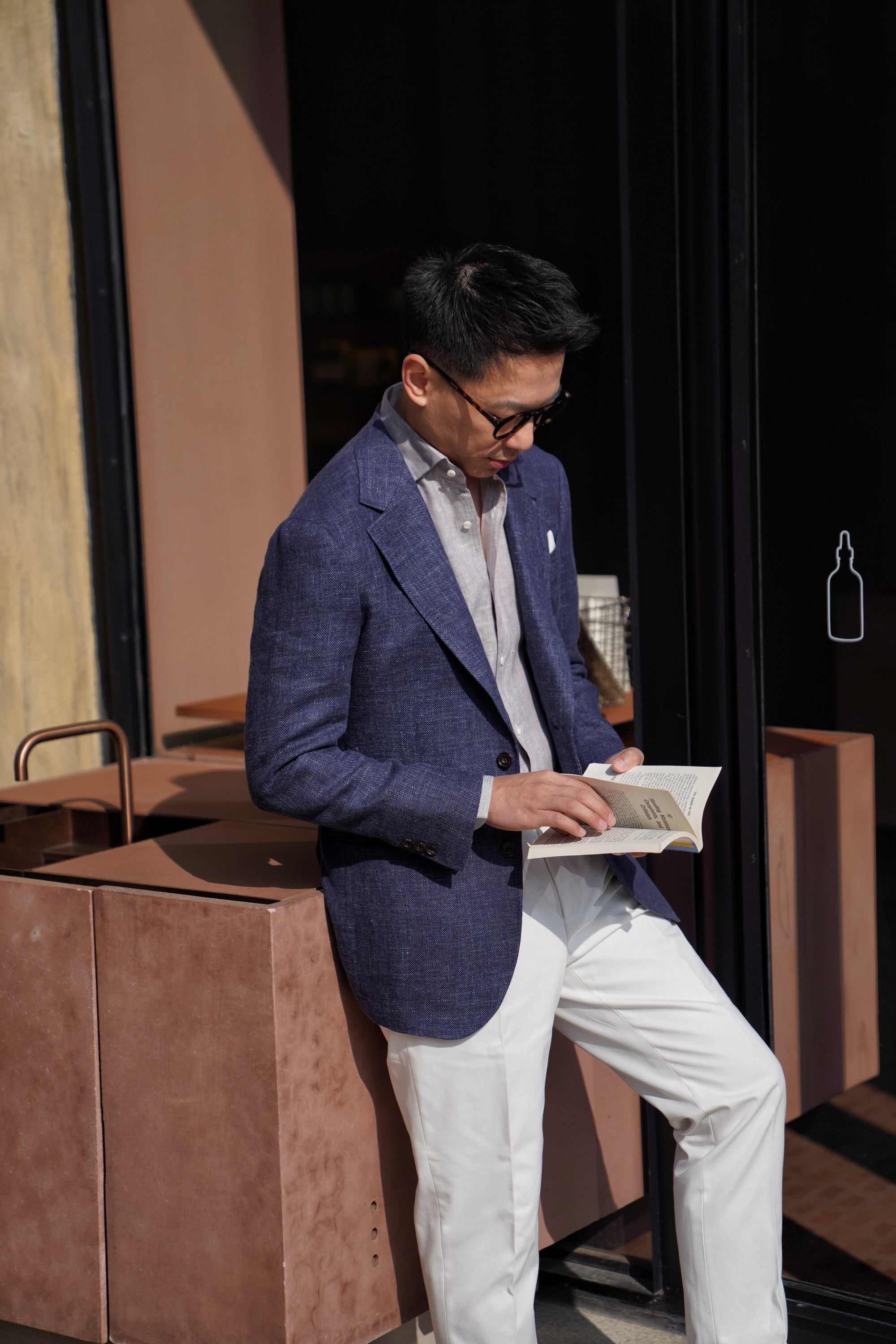 MTO Lake Navy Herringbone Wool Silk Jacket #756