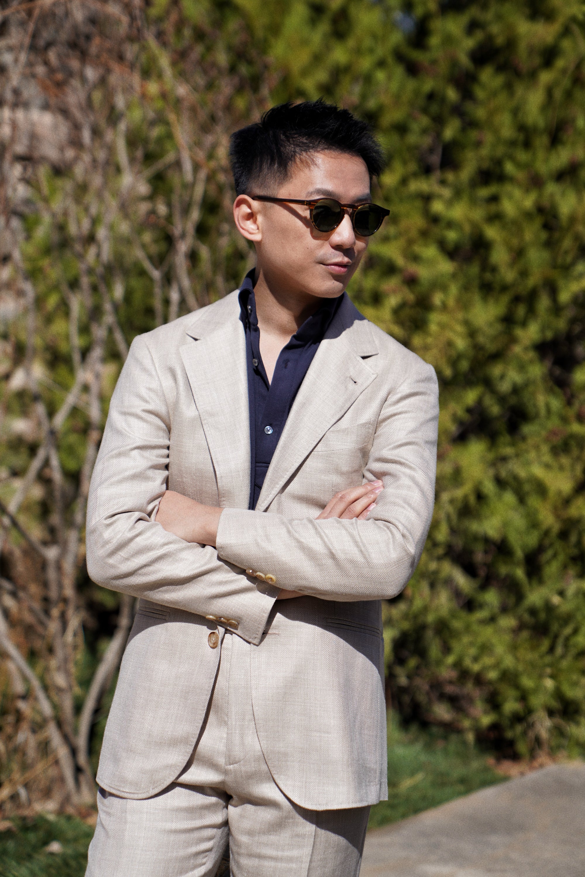 MTO Light Taupe Herringbone Silk Linen Wool Suit #765