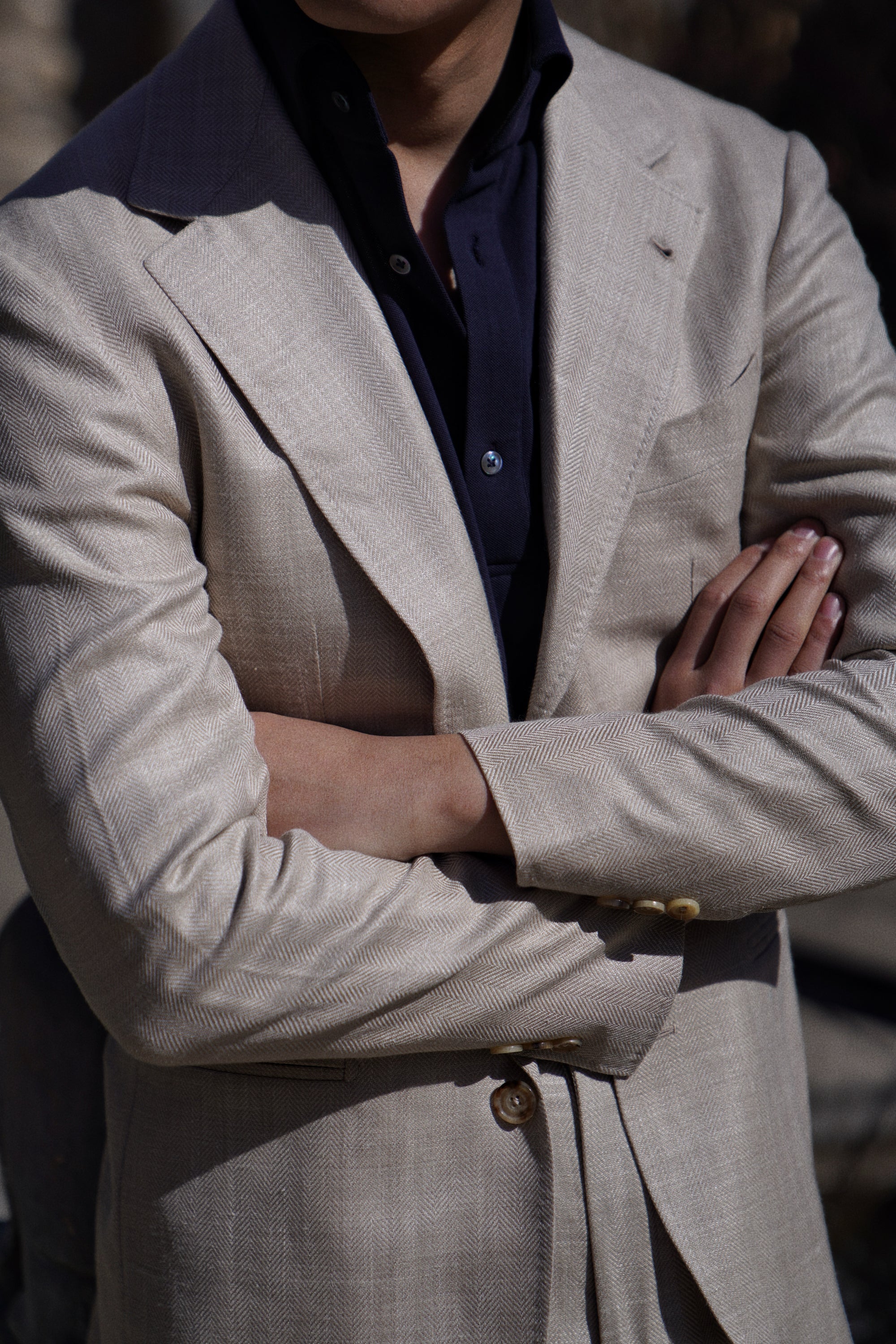 MTO Light Taupe Herringbone Silk Linen Wool Suit #765