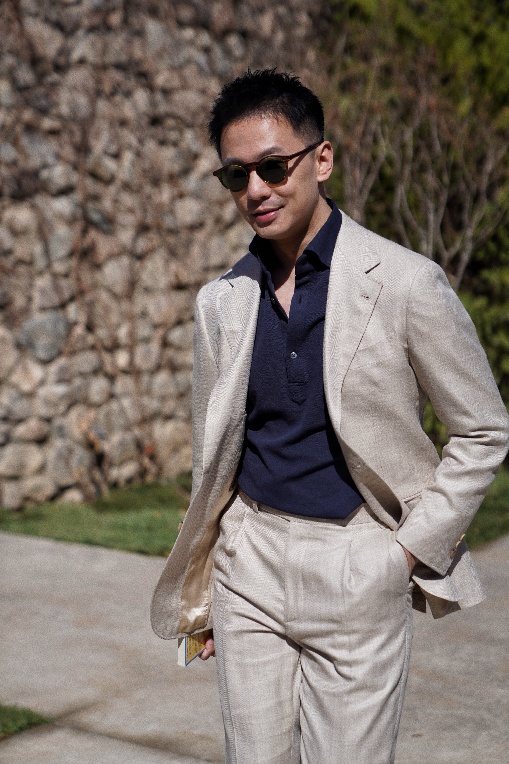 MTO Light Taupe Herringbone Silk Linen Wool Suit #765