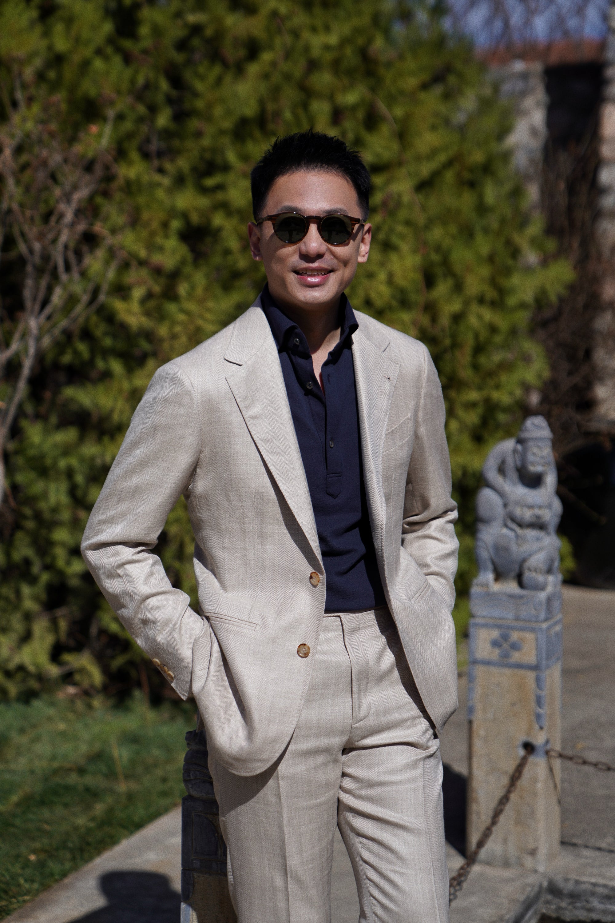 MTO Light Taupe Herringbone Silk Linen Wool Suit #765