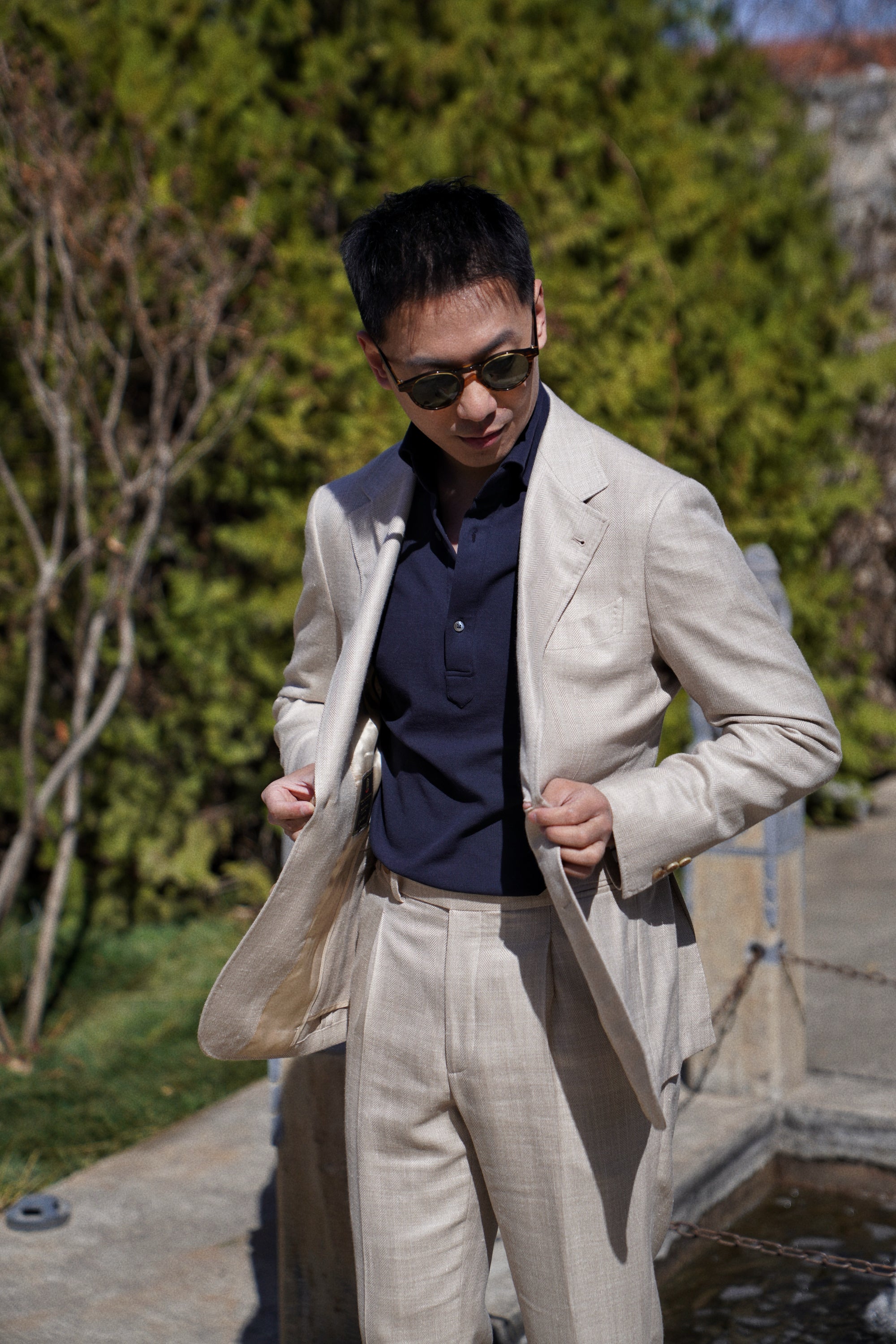 MTO Light Taupe Herringbone Silk Linen Wool Suit #765