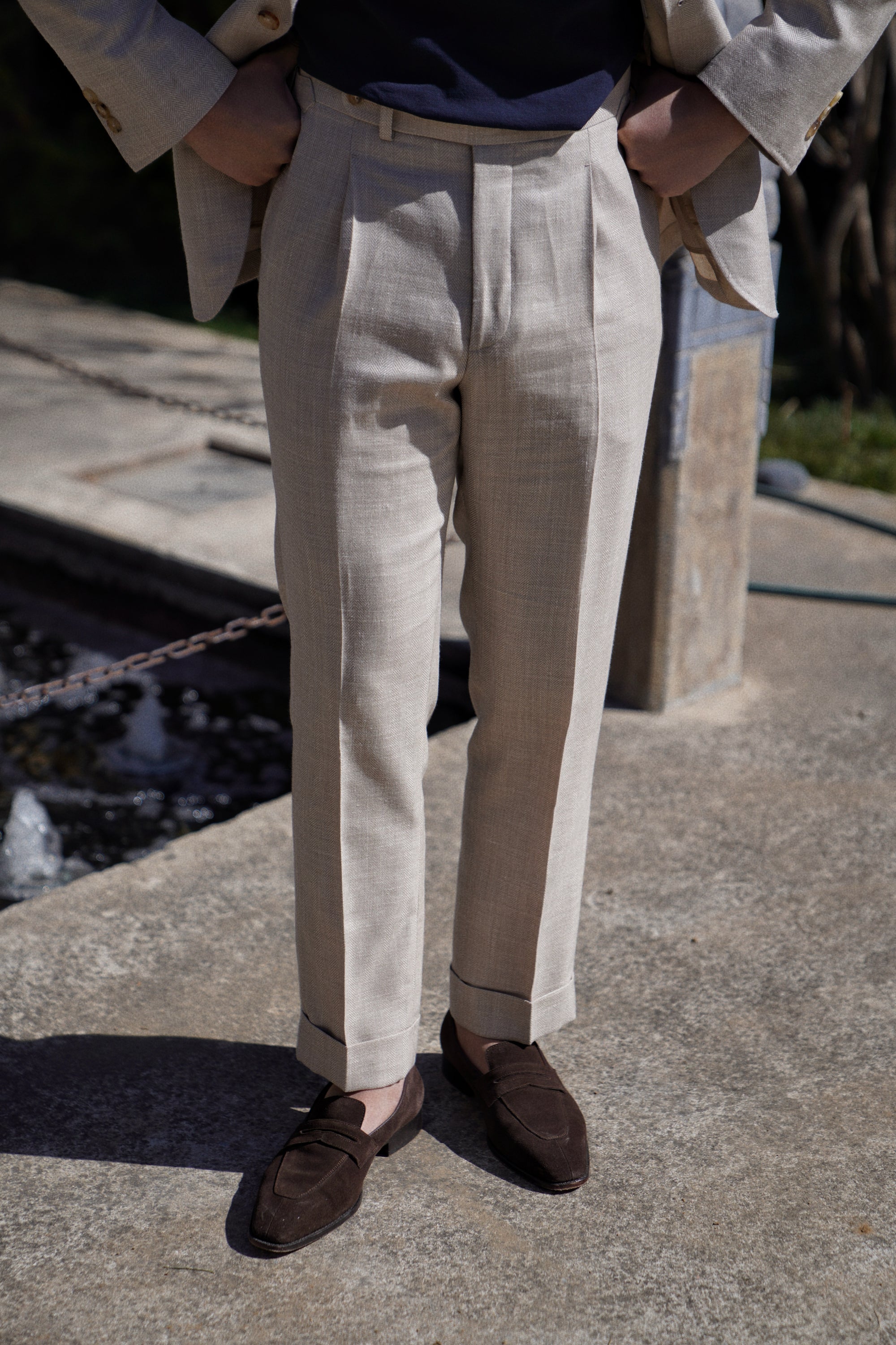 MTO Light Taupe Herringbone Silk Linen Wool Suit #765