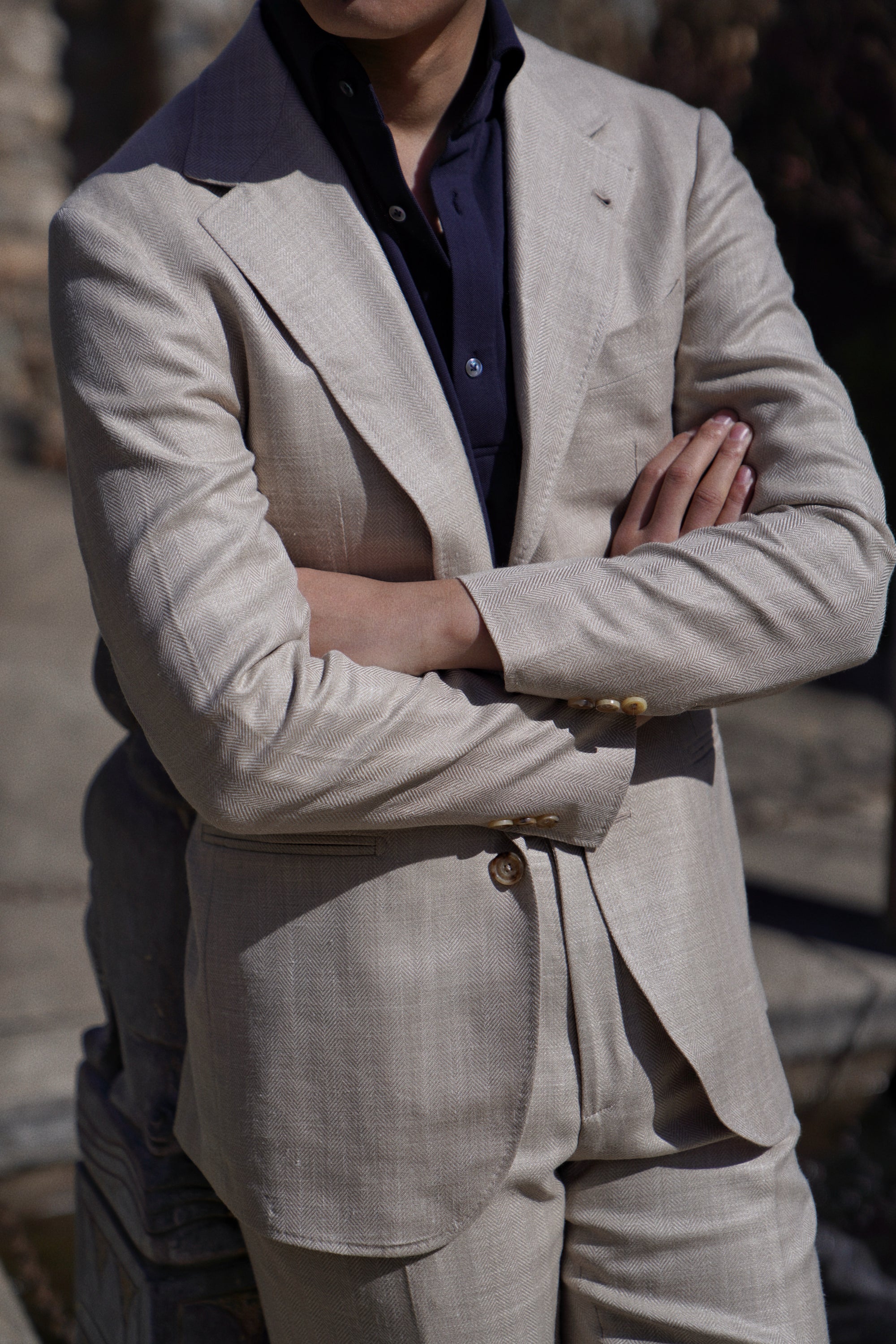 MTO Light Taupe Herringbone Silk Linen Wool Suit #765