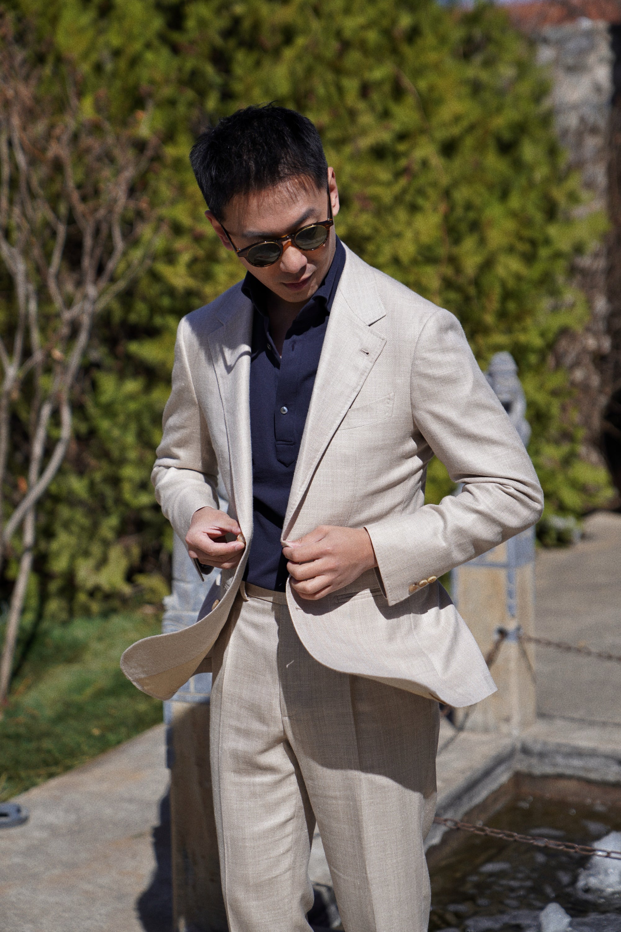 MTO Light Taupe Herringbone Silk Linen Wool Suit #765