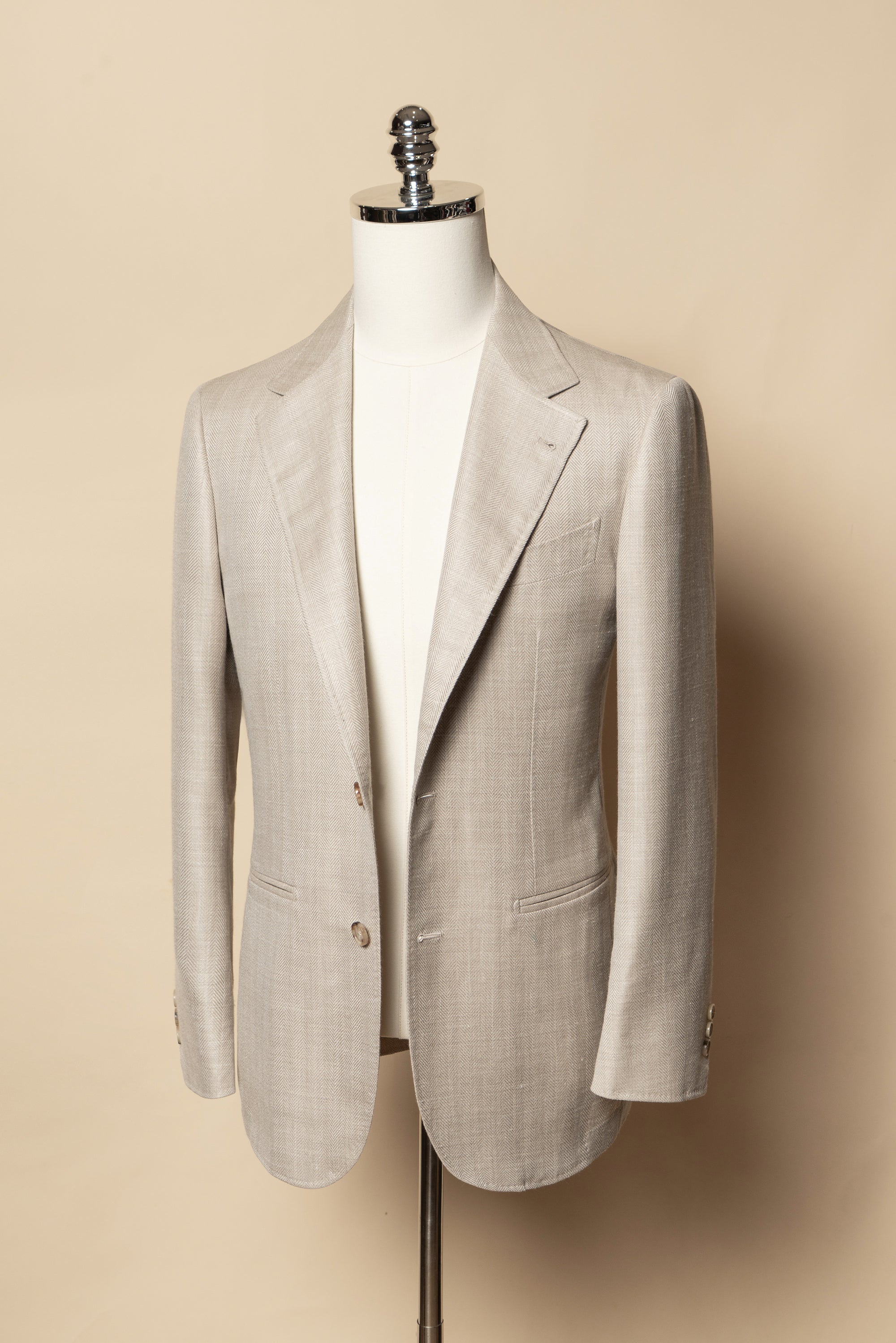 MTO Light Taupe Herringbone Silk Linen Wool Suit #765