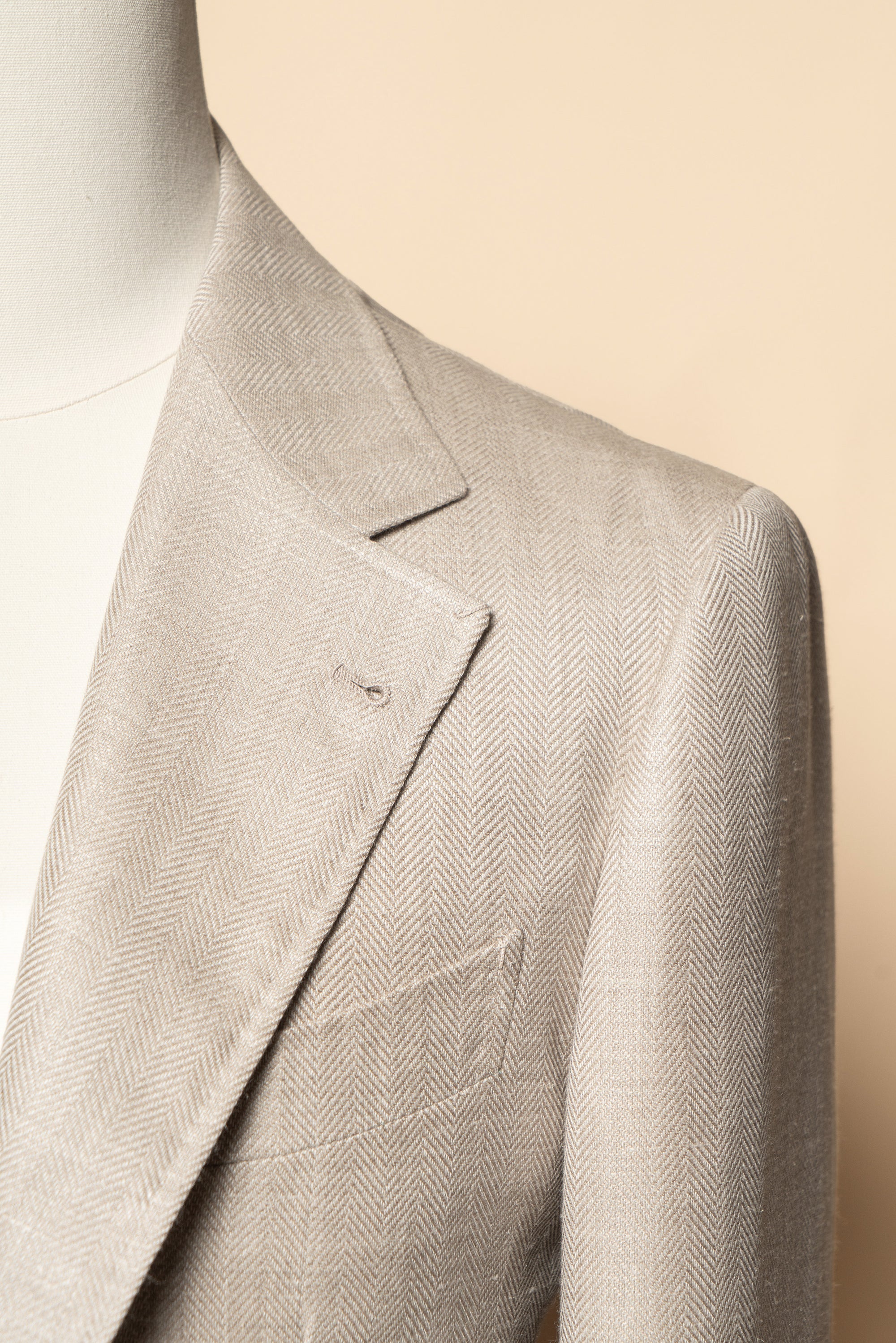 MTO Light Taupe Herringbone Silk Linen Wool Suit #765