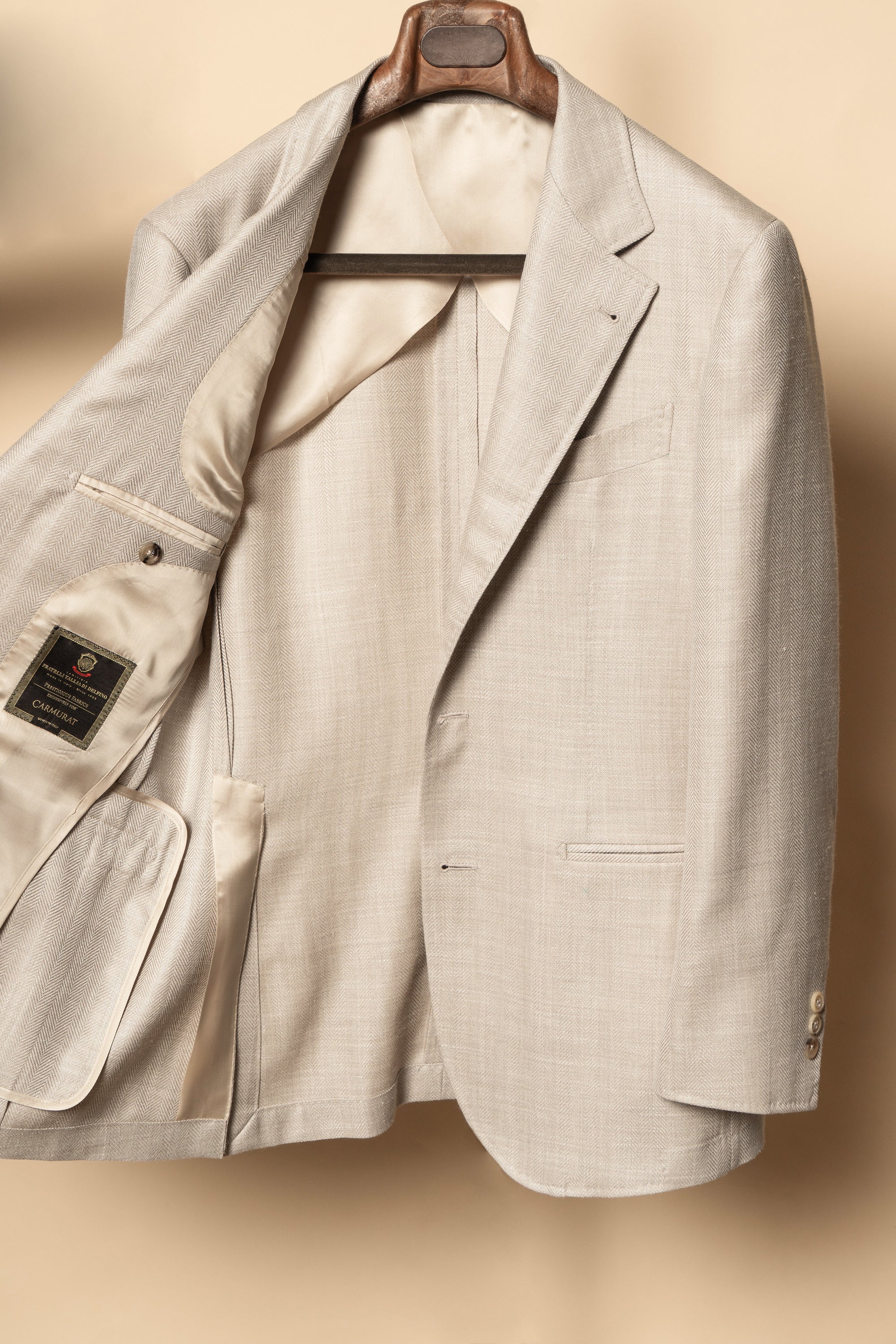 MTO Light Taupe Herringbone Silk Linen Wool Suit #765