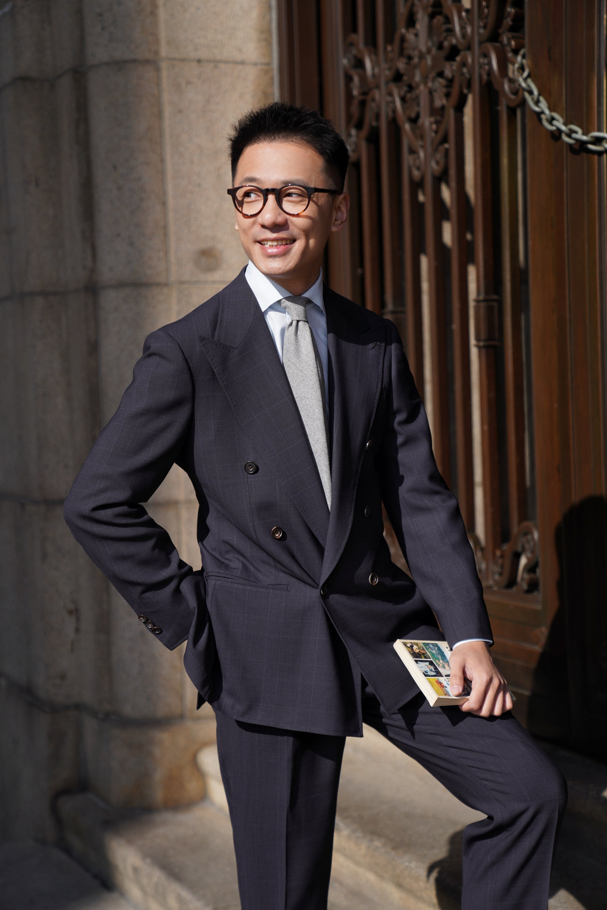 MTO Steel Navy Glen Check 140s Open Weave Wool Suit #754