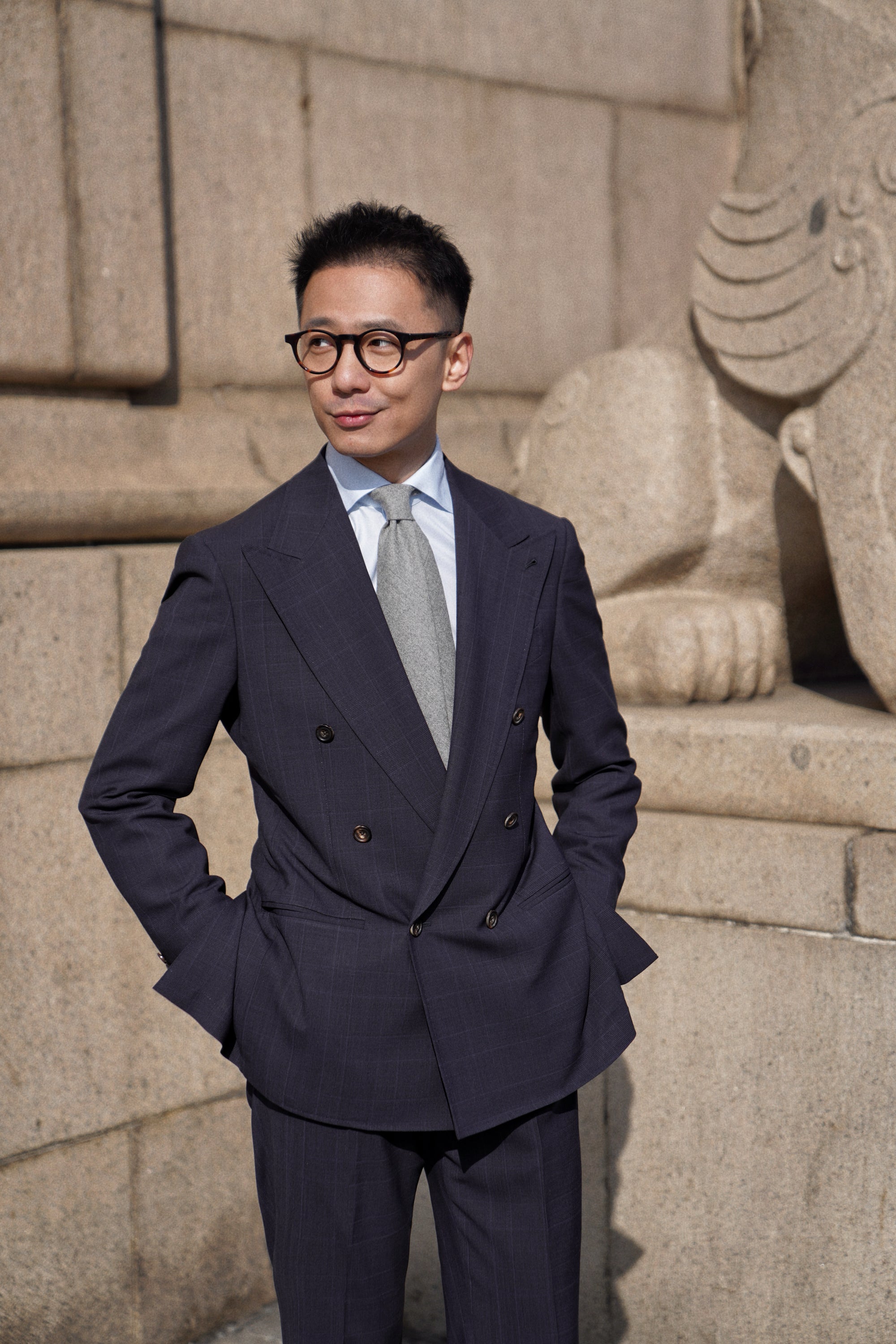 MTO Steel Navy Glen Check 140s Open Weave Wool Suit #754