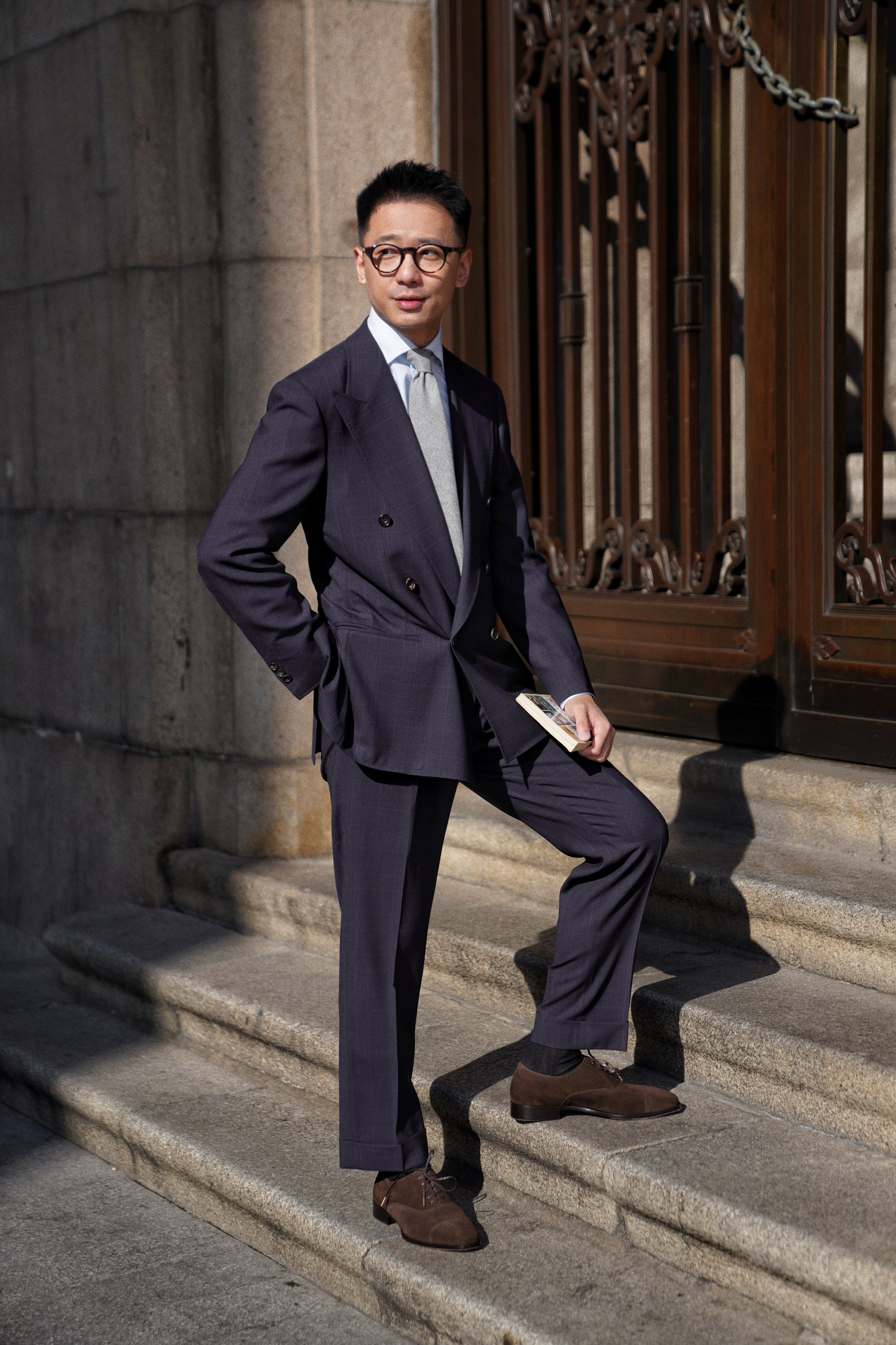 MTO Steel Navy Glen Check 140s Open Weave Wool Suit #754