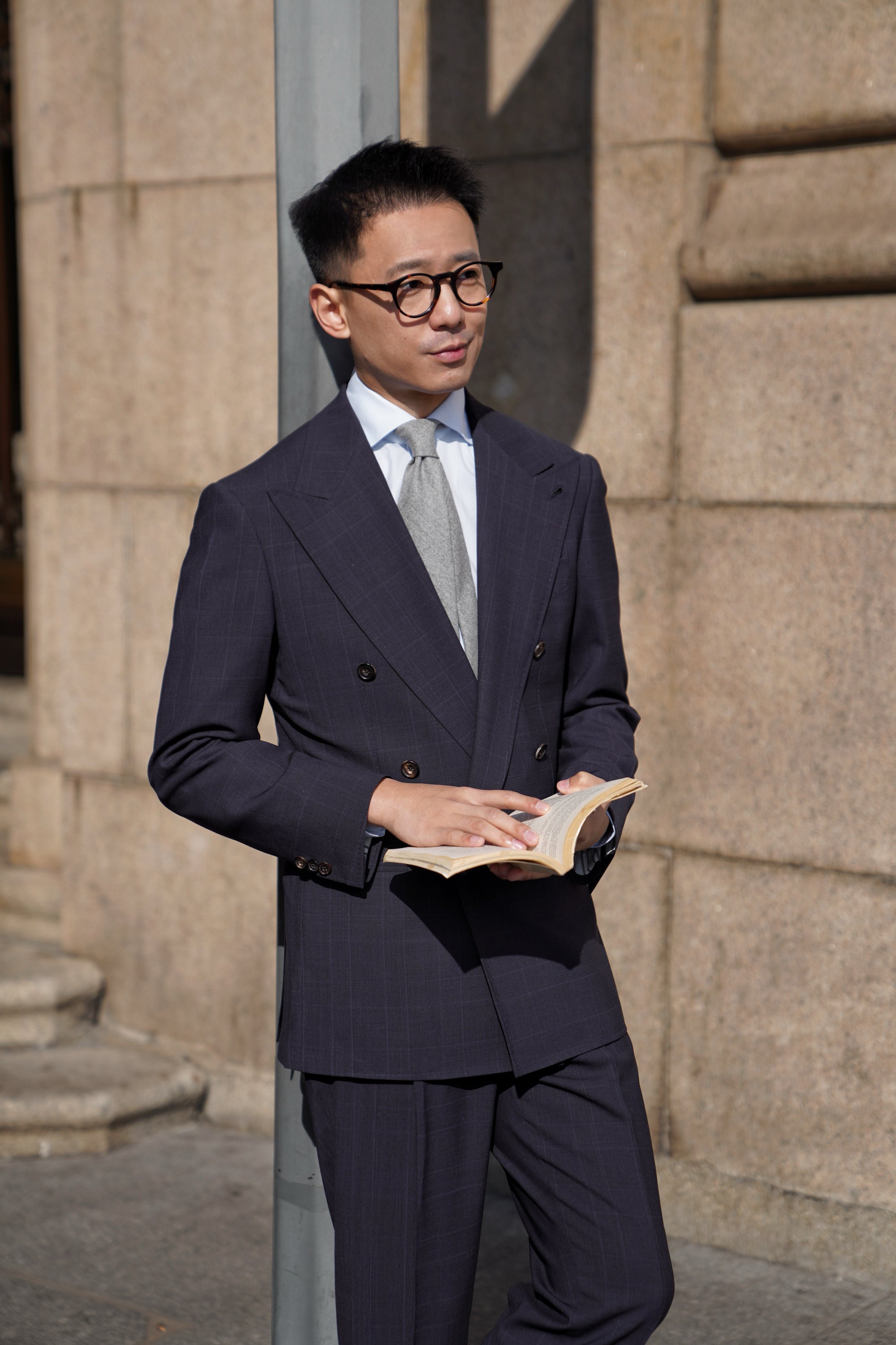 MTO Steel Navy Glen Check 140s Open Weave Wool Suit #754
