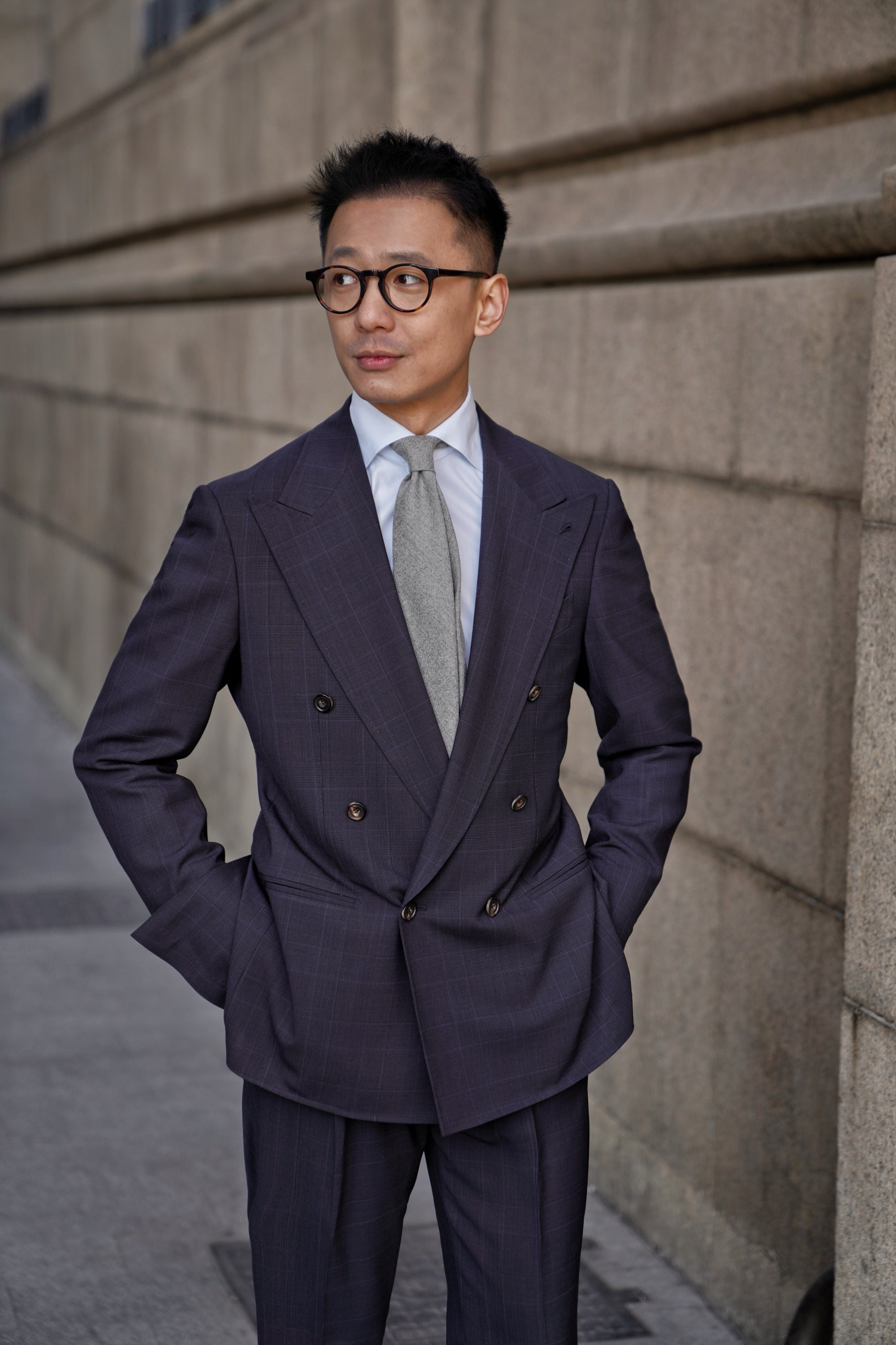 MTO Steel Navy Glen Check 140s Open Weave Wool Suit #754