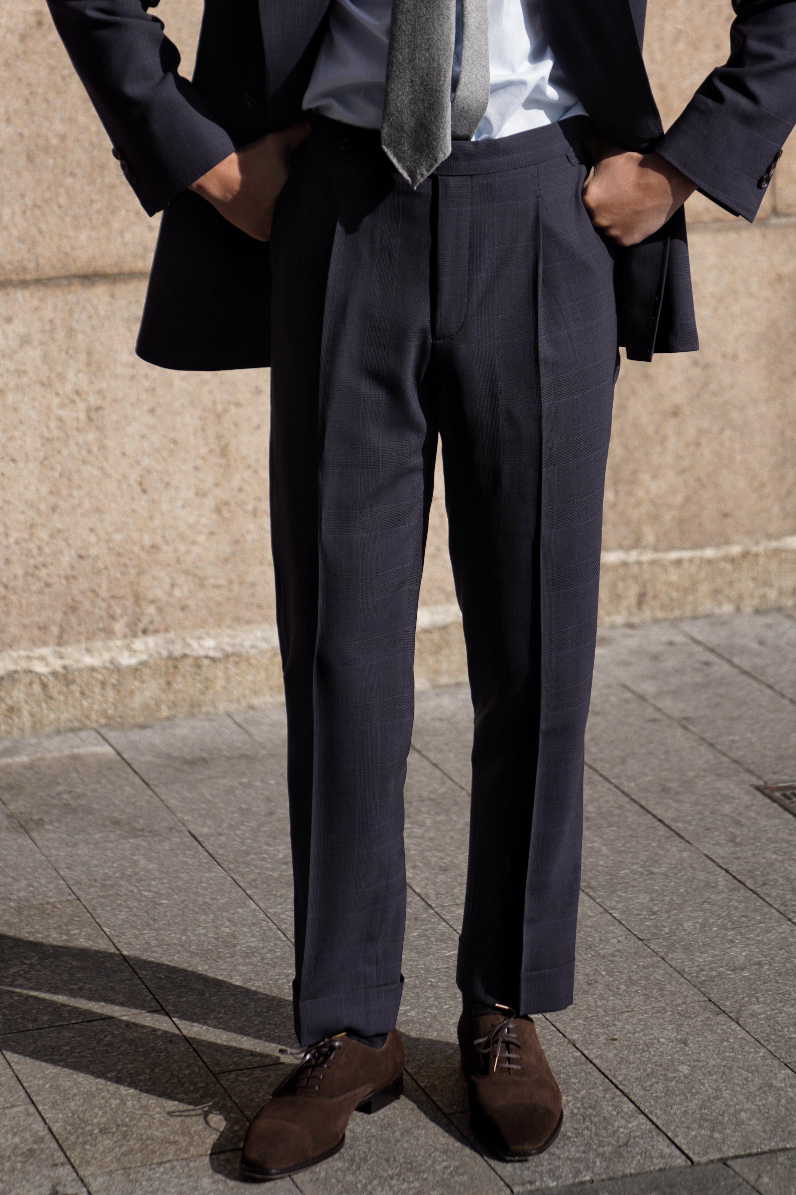 MTO Steel Navy Glen Check 140s Open Weave Wool Suit #754