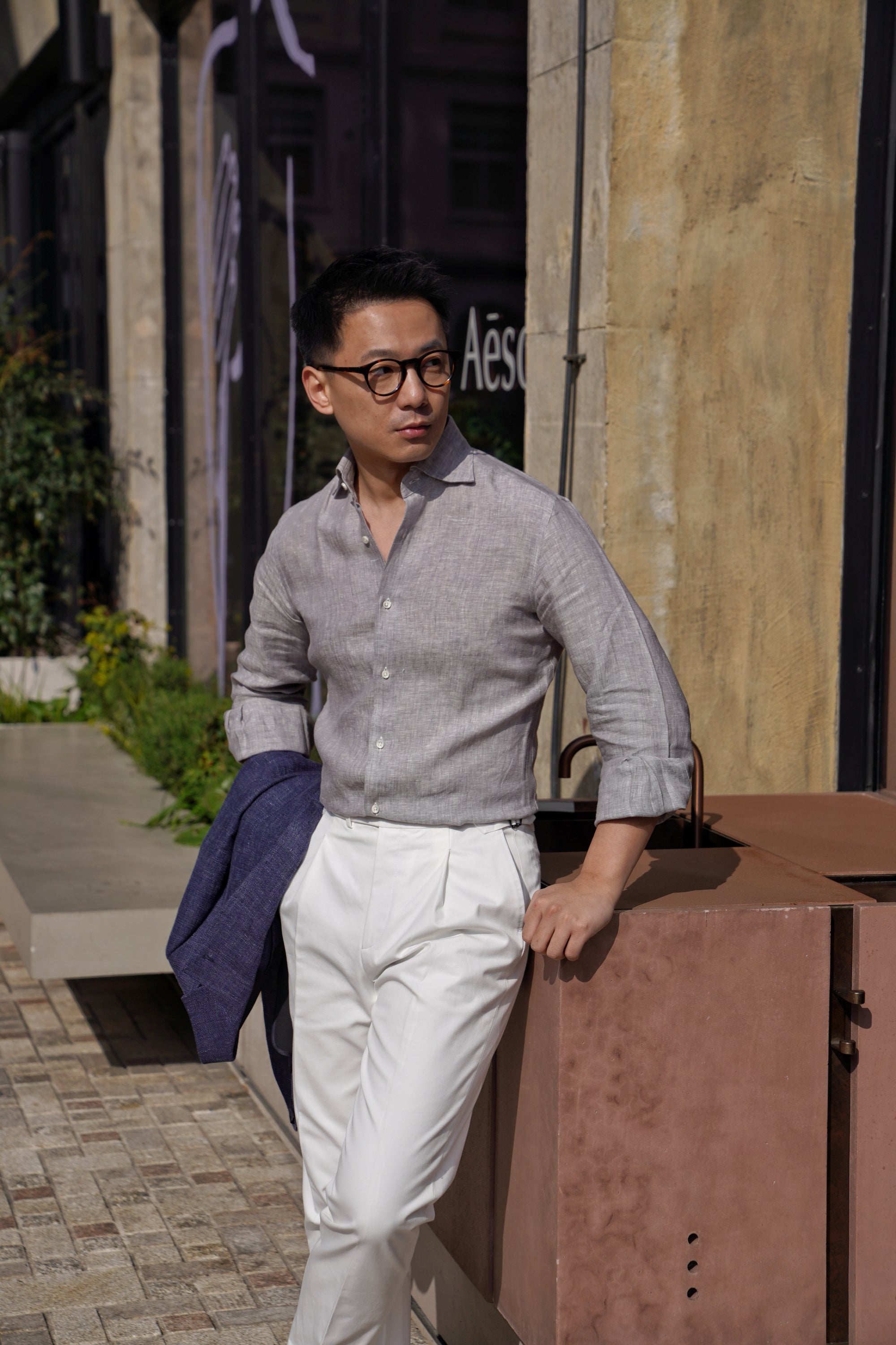Pale Grey / Green Linen Shirt #XS10 #XS13