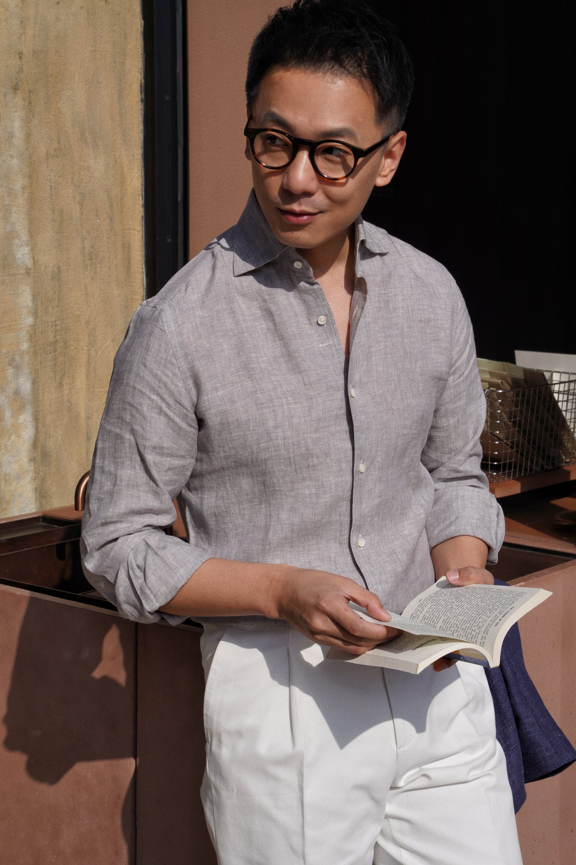 Pale Grey / Green Linen Shirt #XS10 #XS13