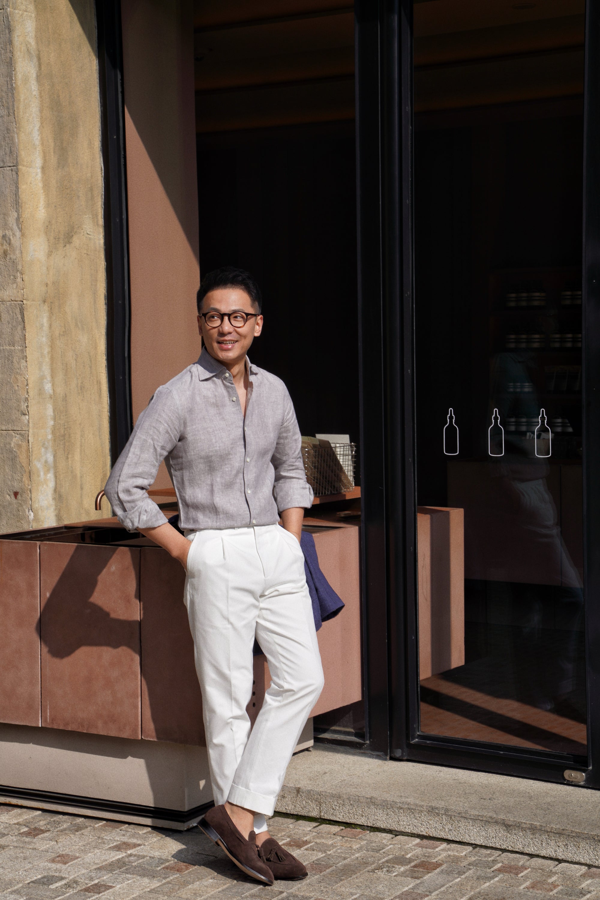 Pale Grey / Green Linen Shirt #XS10 #XS13